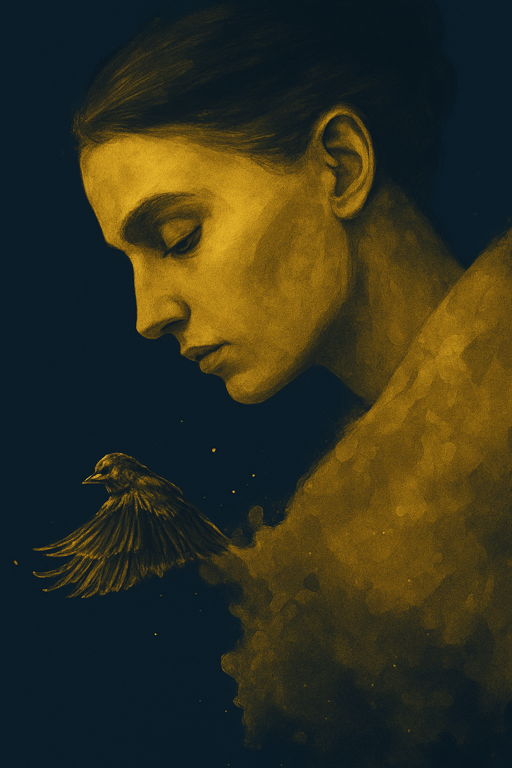 Retrato artístico de una mujer con un ave en el pecho, en tonos dorados y oscuros.