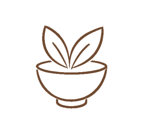 Simple line drawing of a bowl with two leaves emerging from it.