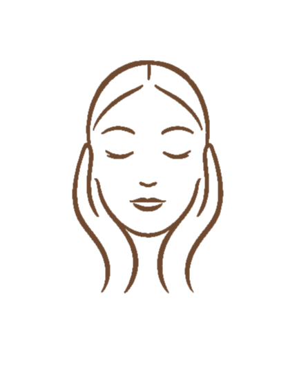 Minimalist illustration of a woman with long hair, eyes closed, touching her face with both hands, on a black background.