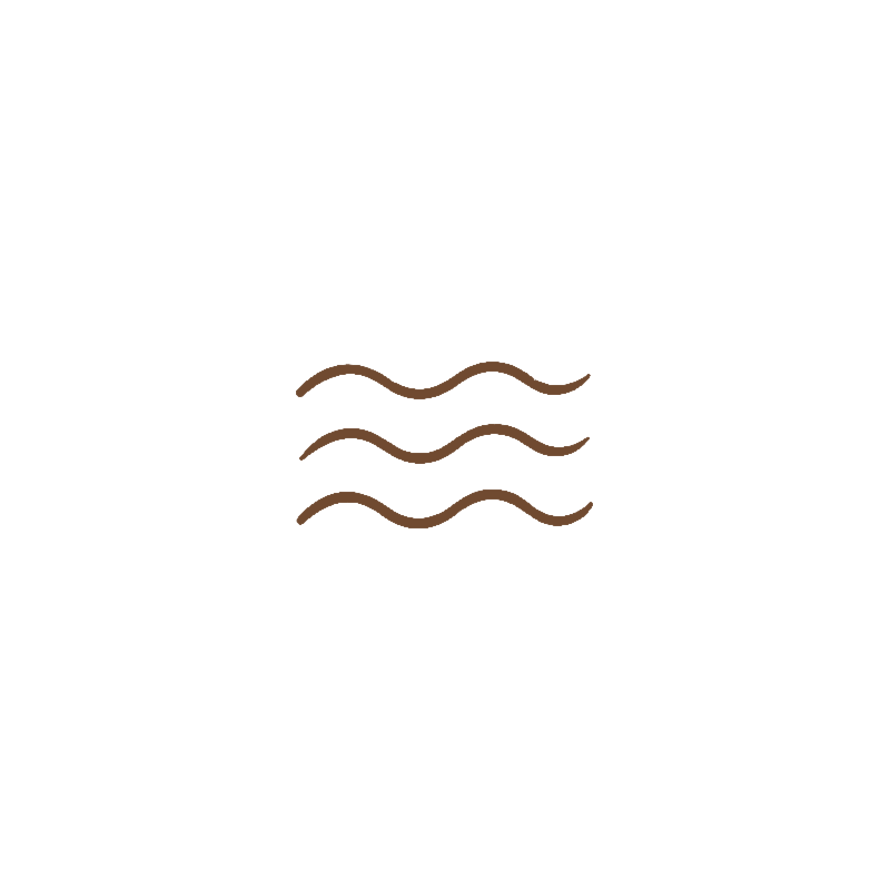 Outlined icon of a person in a hoodie with three wavy lines beneath it, representing water or waves, on a black background.