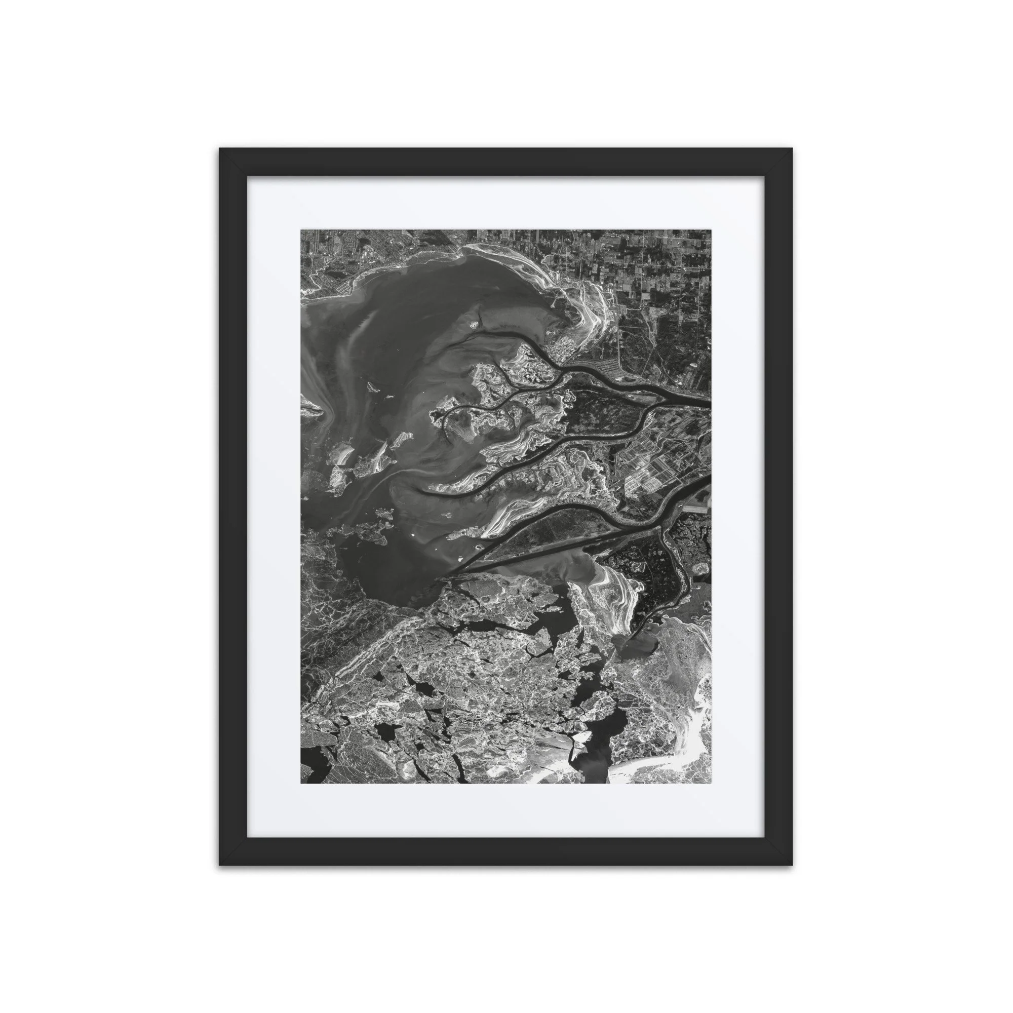 Lake St. Clair, Michigan from Space | Lake St. Clair Satellite Image & Map Art | Black and White Framed Print