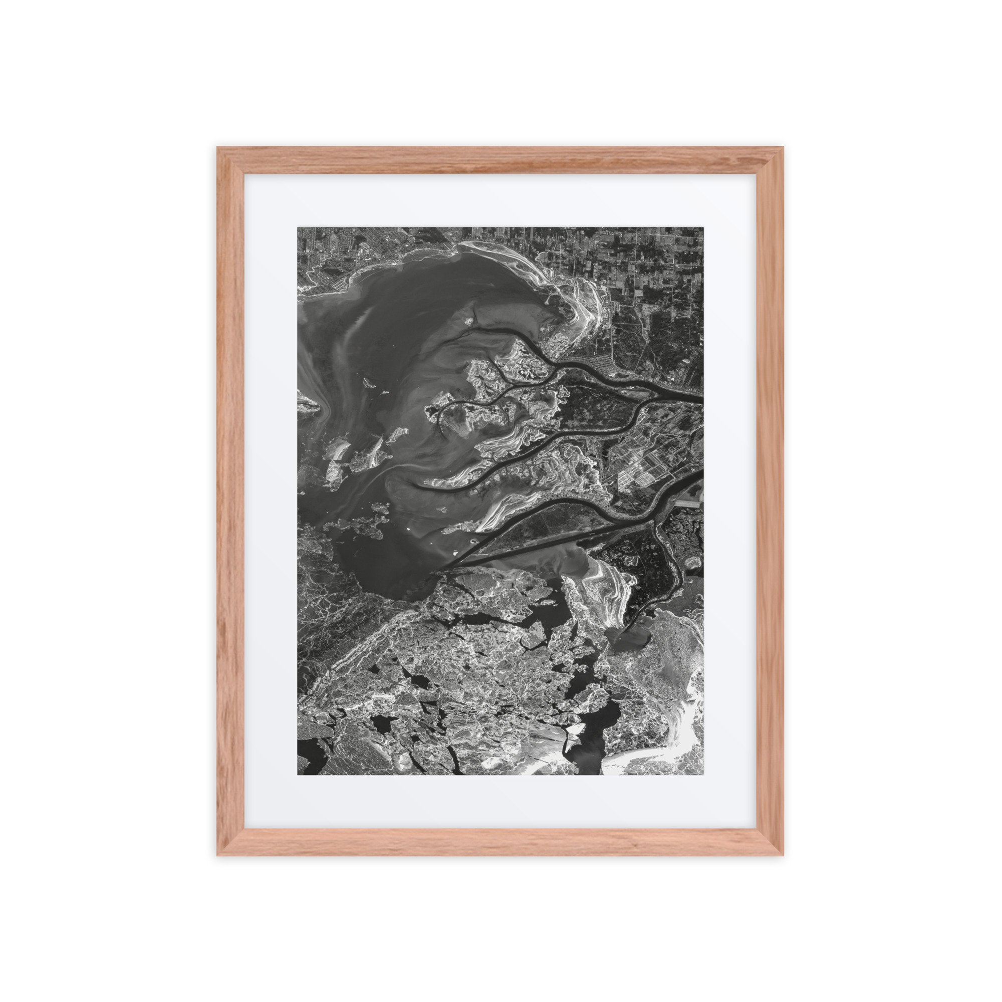 Lake St. Clair, Michigan from Space | Lake St. Clair Satellite Image & Map Art | Black and White Framed Print