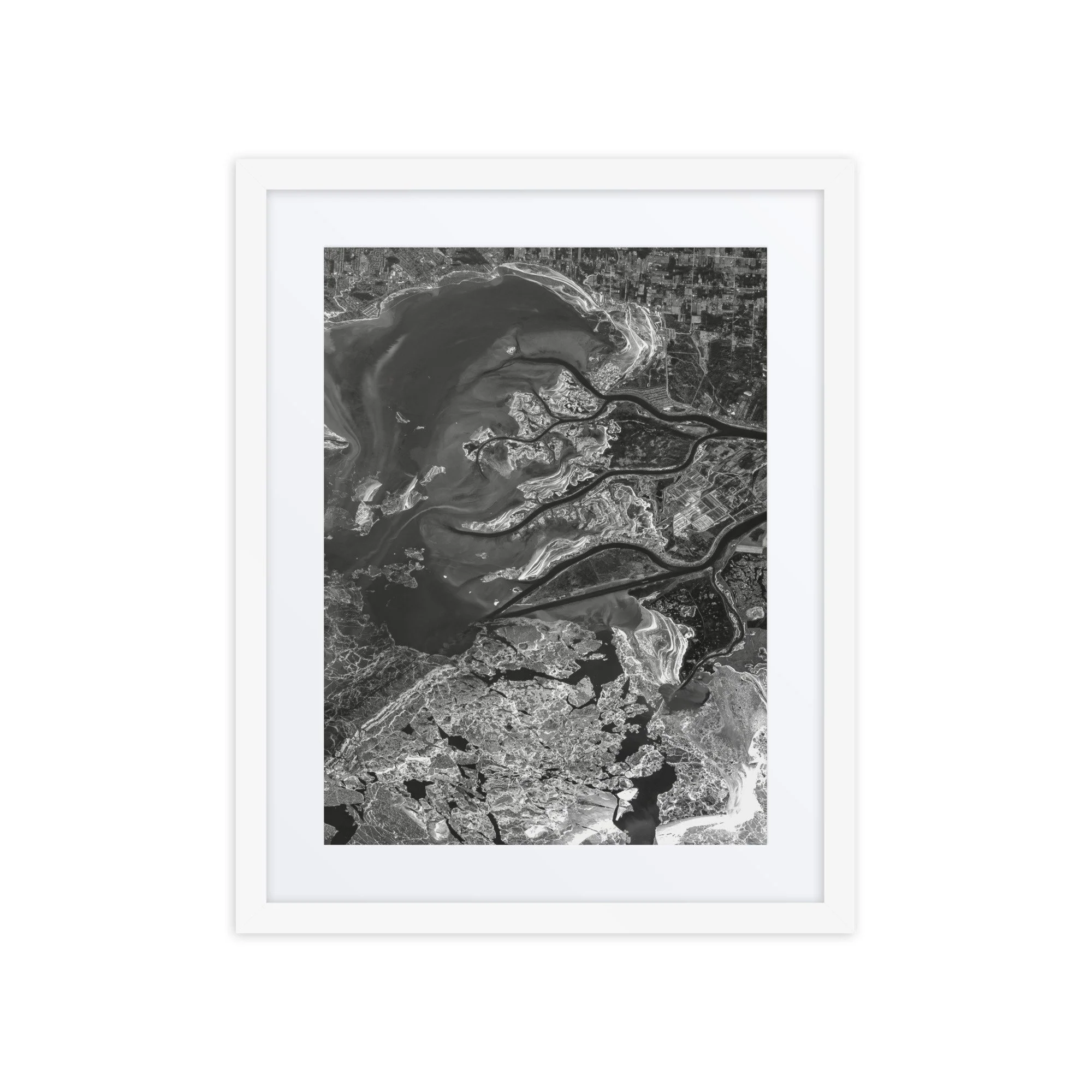 Lake St. Clair, Michigan from Space | Lake St. Clair Satellite Image & Map Art | Black and White Framed Print