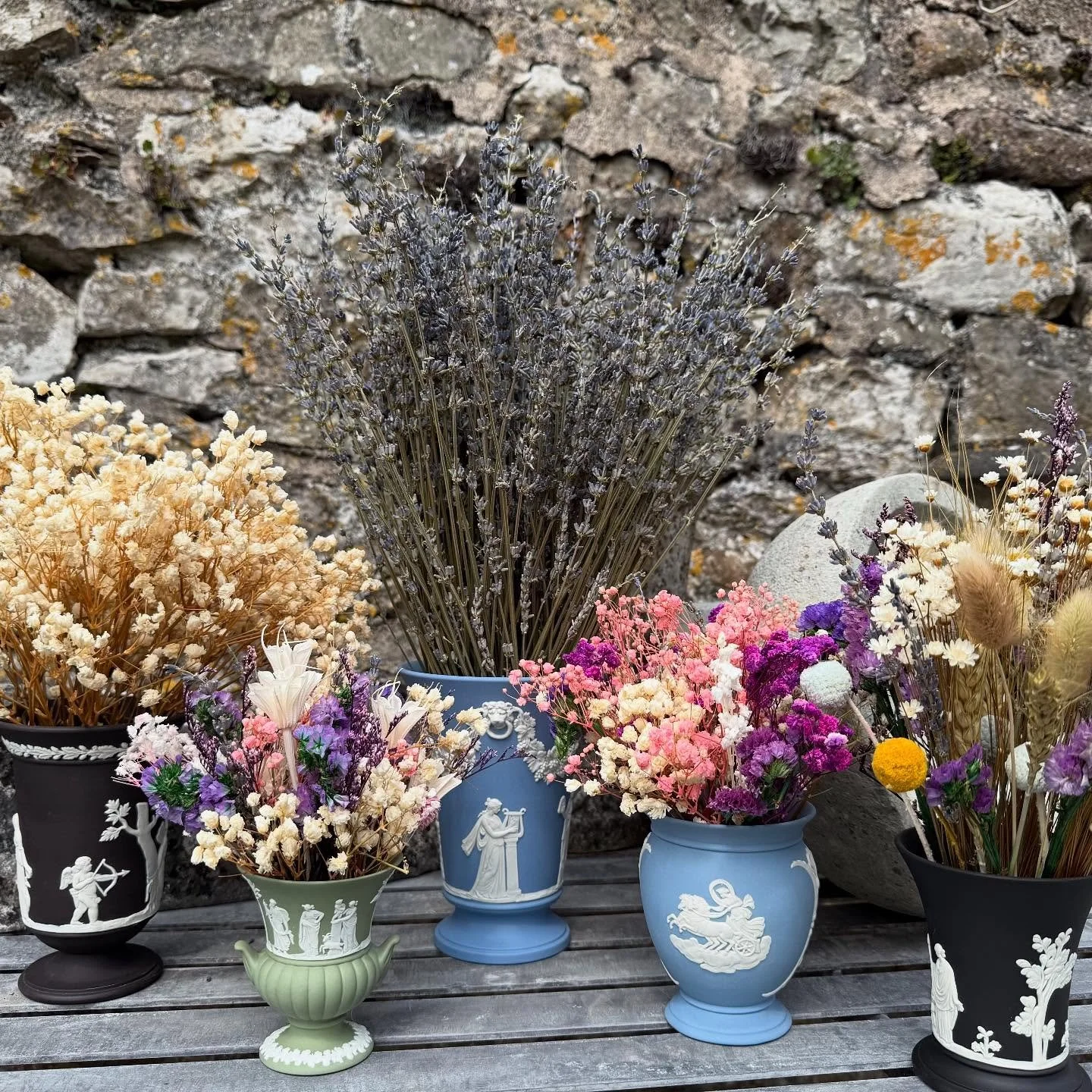 Vintage @wedgwood Jasper vases with dried flowers. These are styling shots for taking them for sale at Shed Antiques at @walledgardenatmells - I&rsquo;ll be there on Sunday 10th August. The Walled Garden is a real treasure place. A haven of calm with