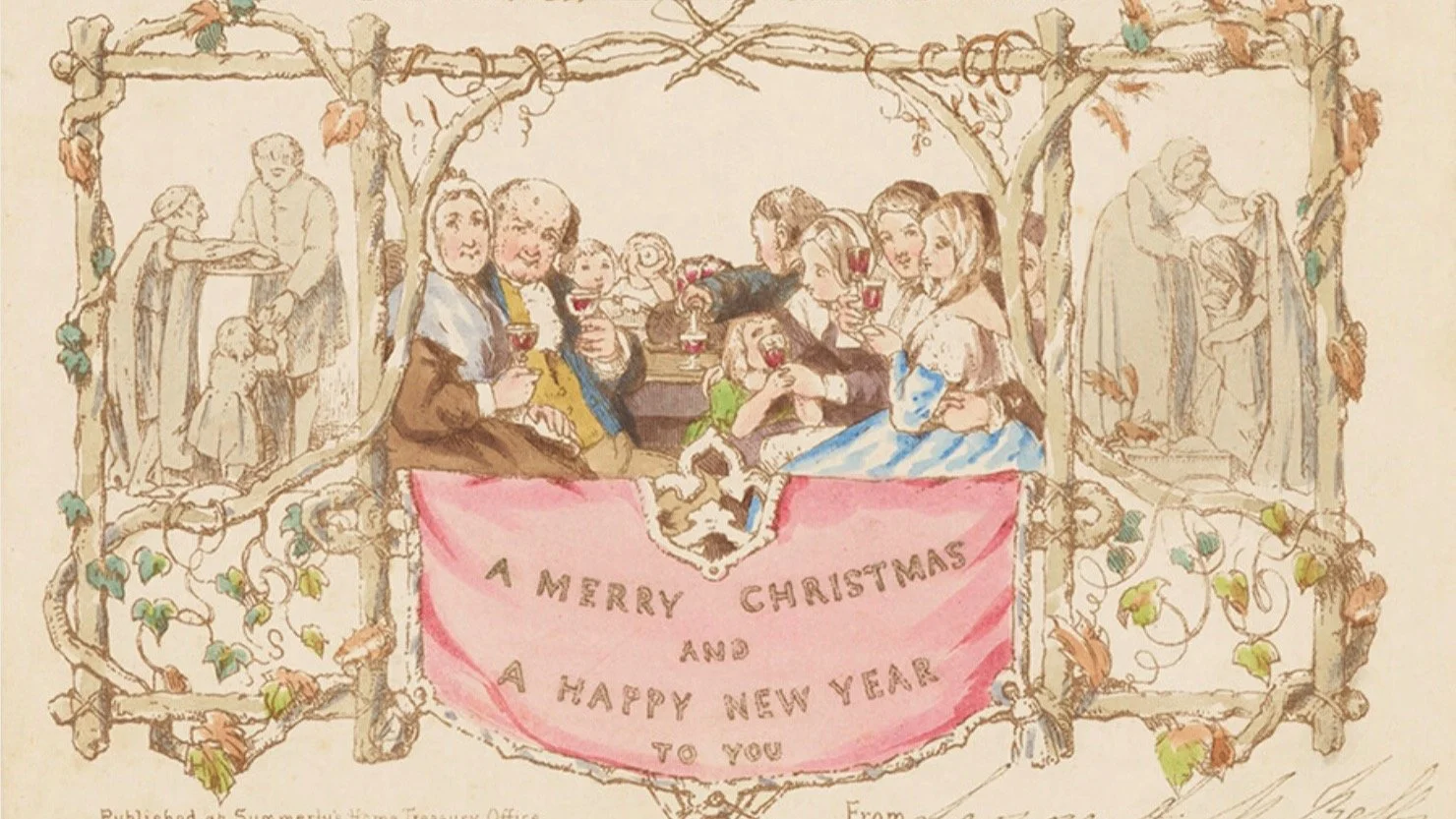 The first British commercially produced Christmas card appeared in 1843, commissioned by Sir Henry Cole and illustrated by John Callcott Horsley. It was printed using lithography before being hand-coloured by studio artists &mdash; an early blend of 