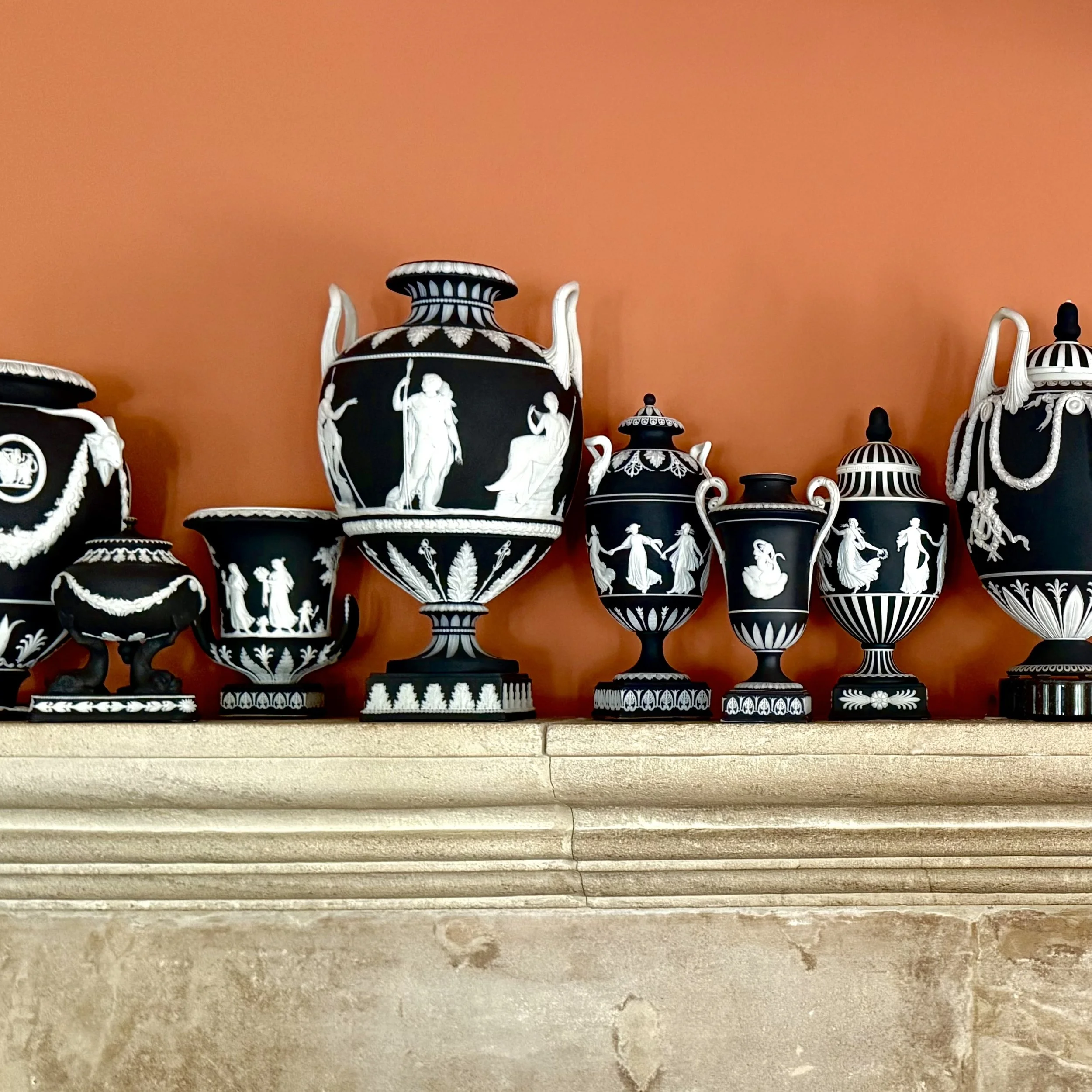 Wedgwood Jasper Black and White Urns on Mantlepiece Asterion and Co.jpeg