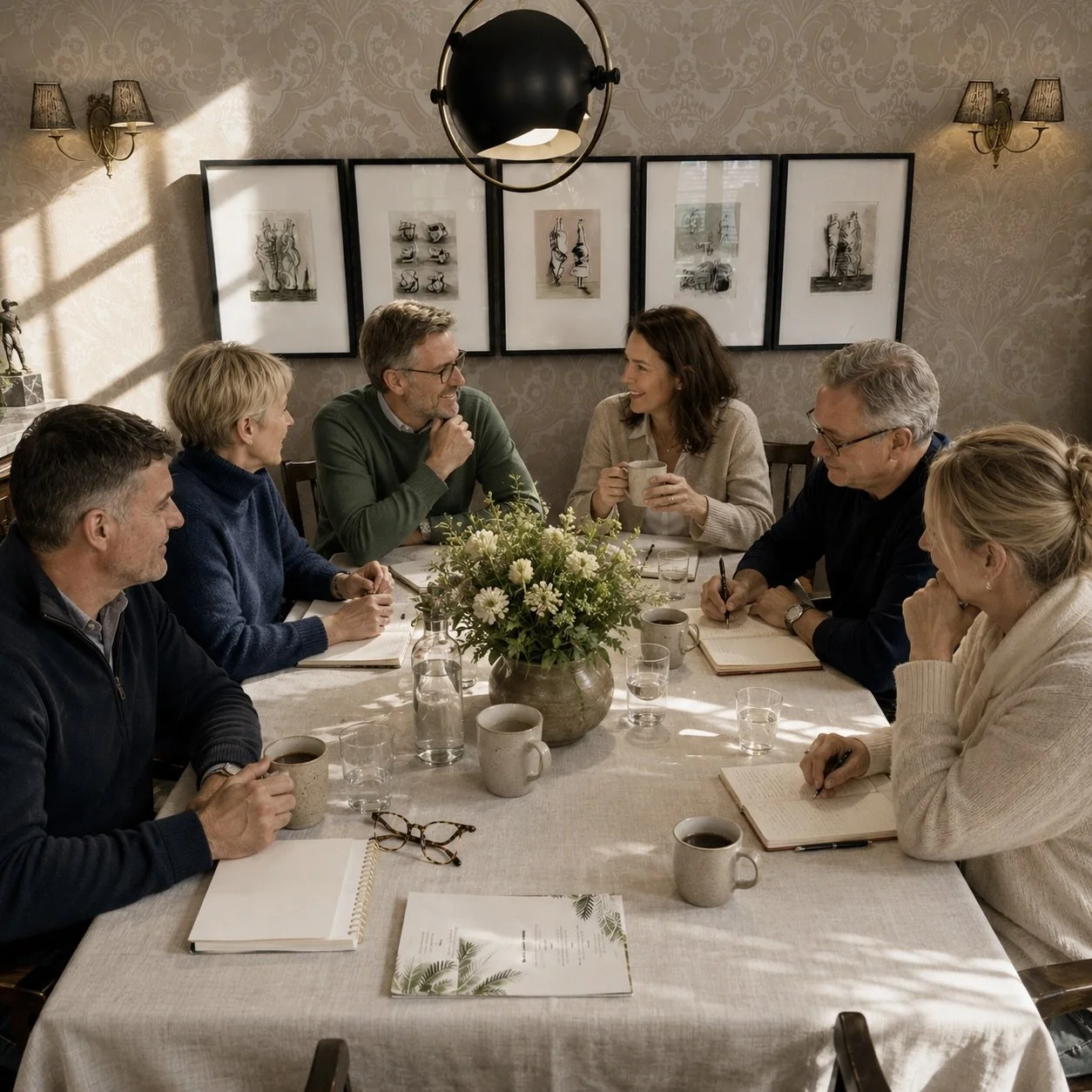 A group of seven middle-aged adults sitting around a dining table, engaged in conversation, with coffee mugs, notebooks, and glasses of water, in a warmly lit room decorated with framed artwork and a floral centerpiece.