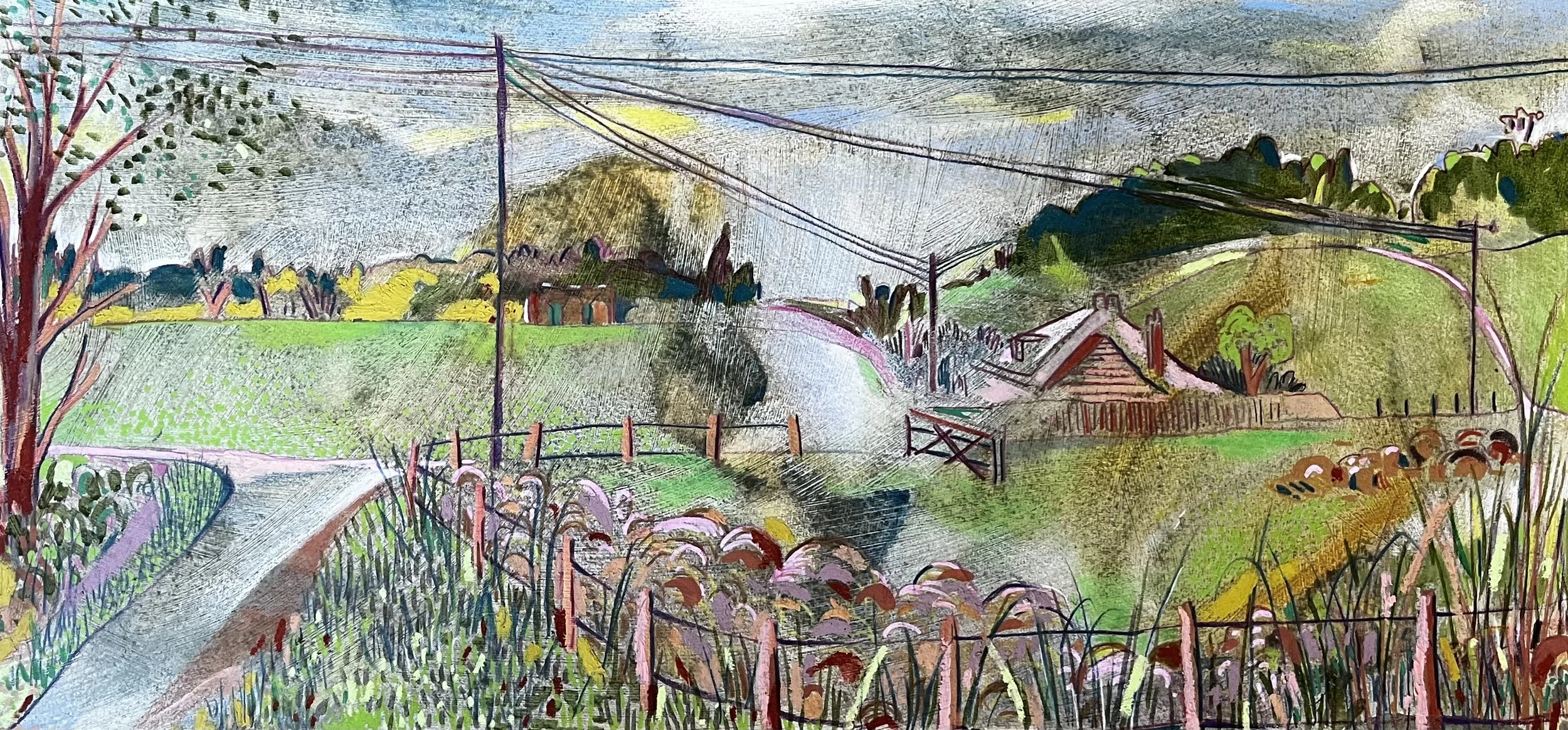 Country Path to Mapledurham House, mixed media on painted paper, 59cm x 28cm