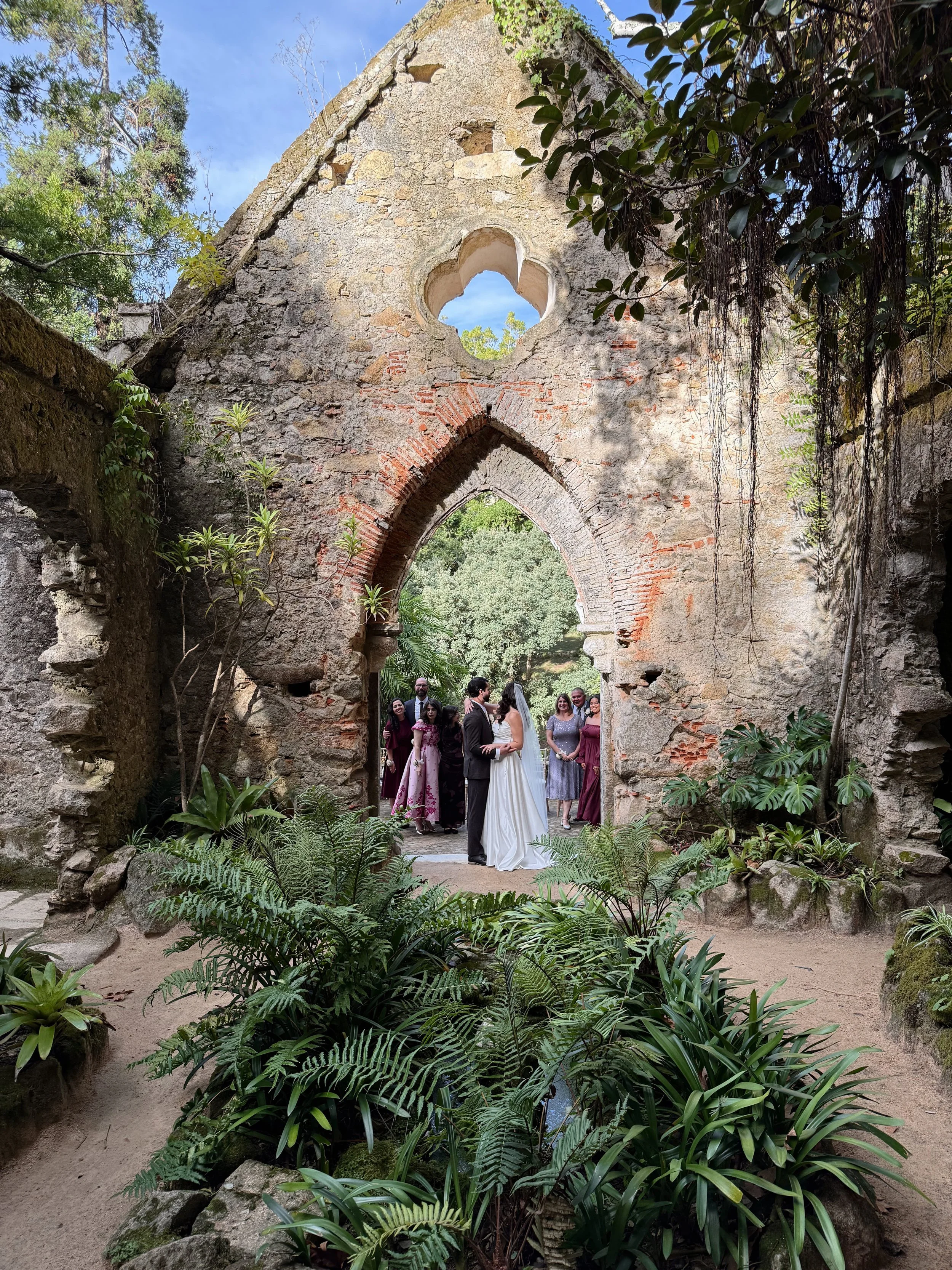 Intimate wedding ceremony at historic ruins Portugal captured by content creator