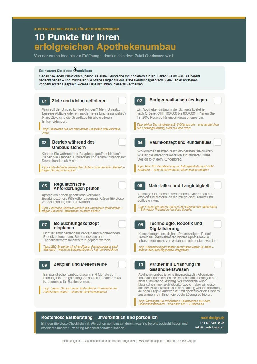 Liste de contrôle en dix points pour la réussite de la construction d'une nouvelle pharmacie, comprenant les objectifs, le budget, l'aménagement de l'espace, les matériaux, la technologie et les partenariats.