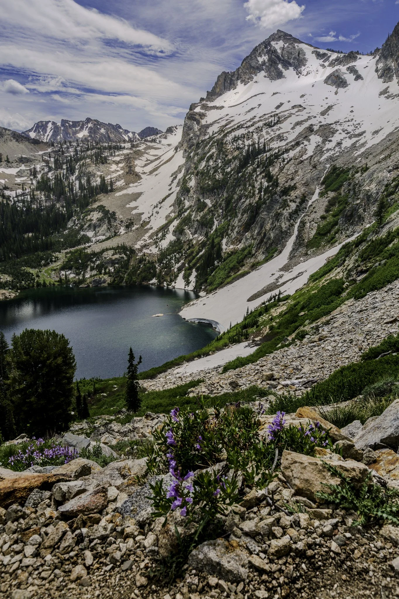 Majestic peaks of the Sawtooth range overlook the cool blue Alpine Lake in mid June