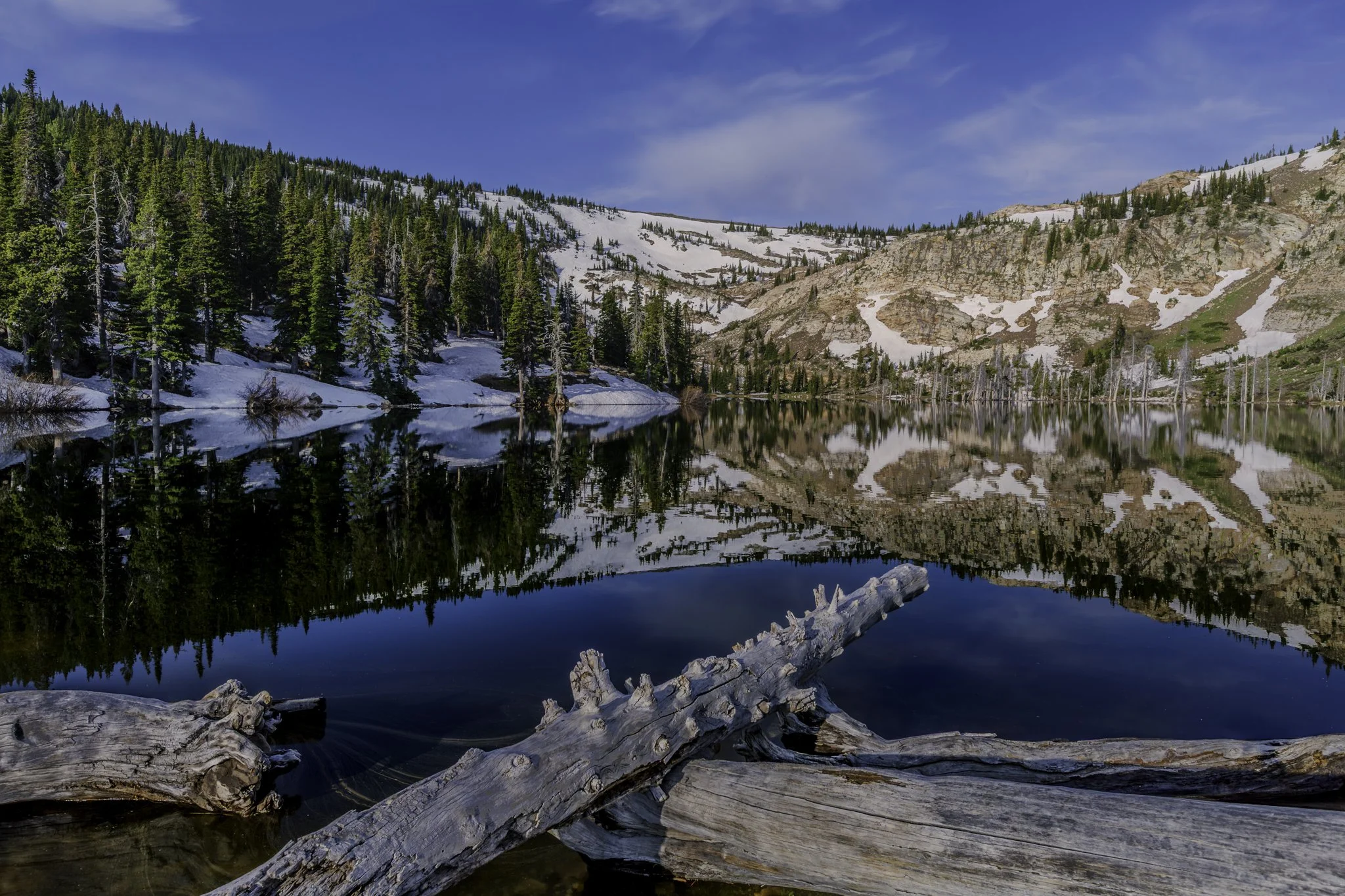 The still snowy banks and surrounding mountains reflected in Lake Cleveland in early June.