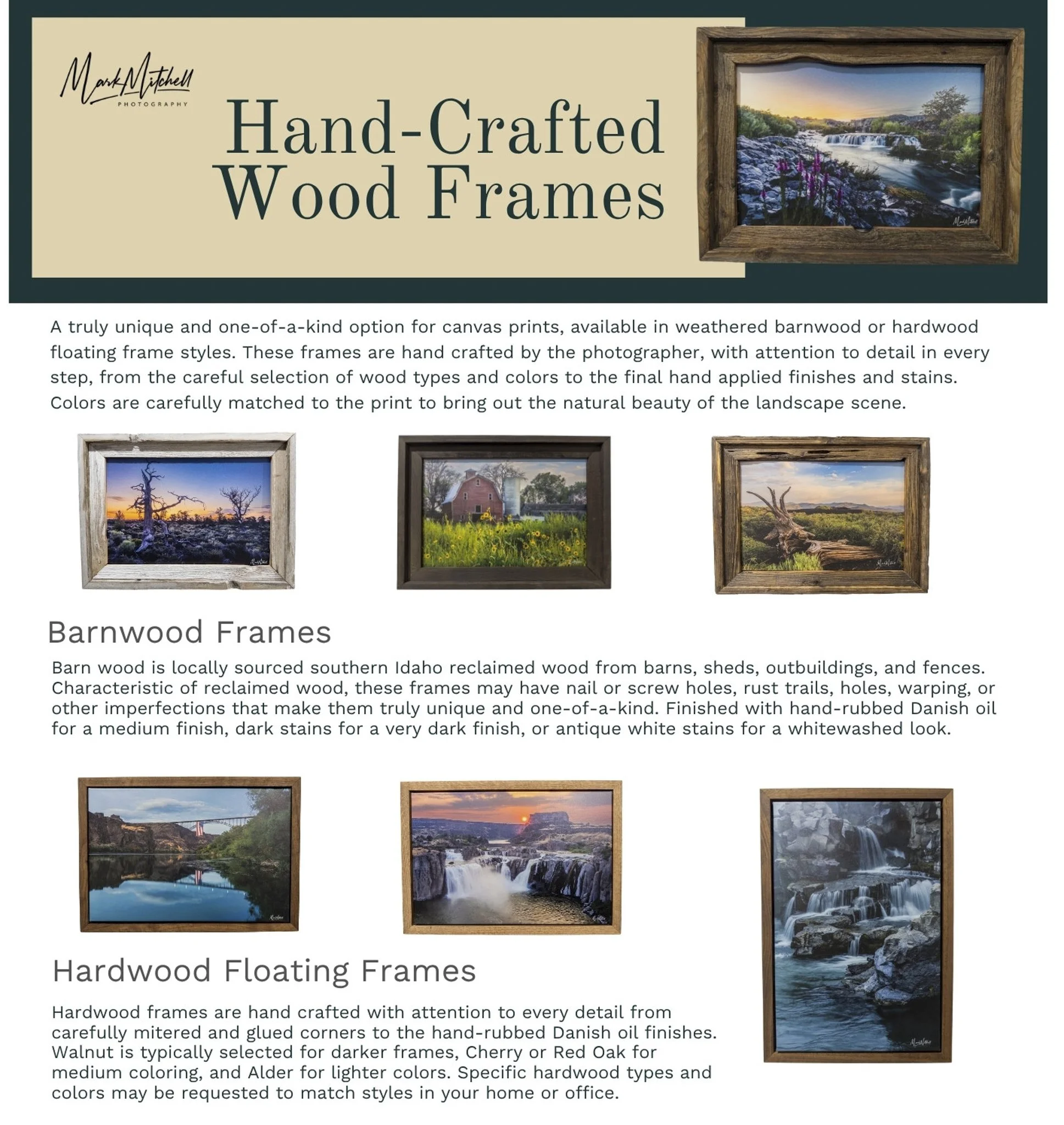 Display of two types of wooden photo frames: barnwood and hardwood floating frames, with landscape photographs inside each.