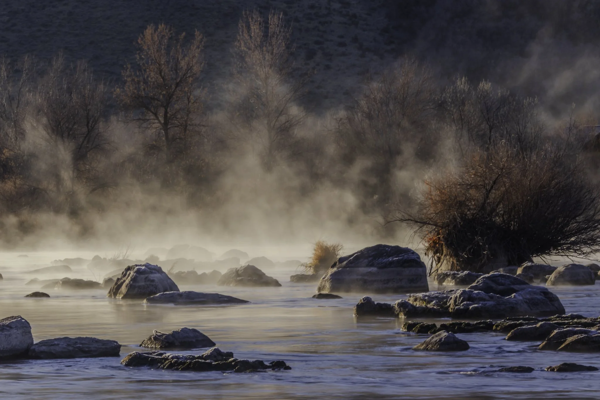 Sun lighting up steam fog on the Snake River on a frozen January morning