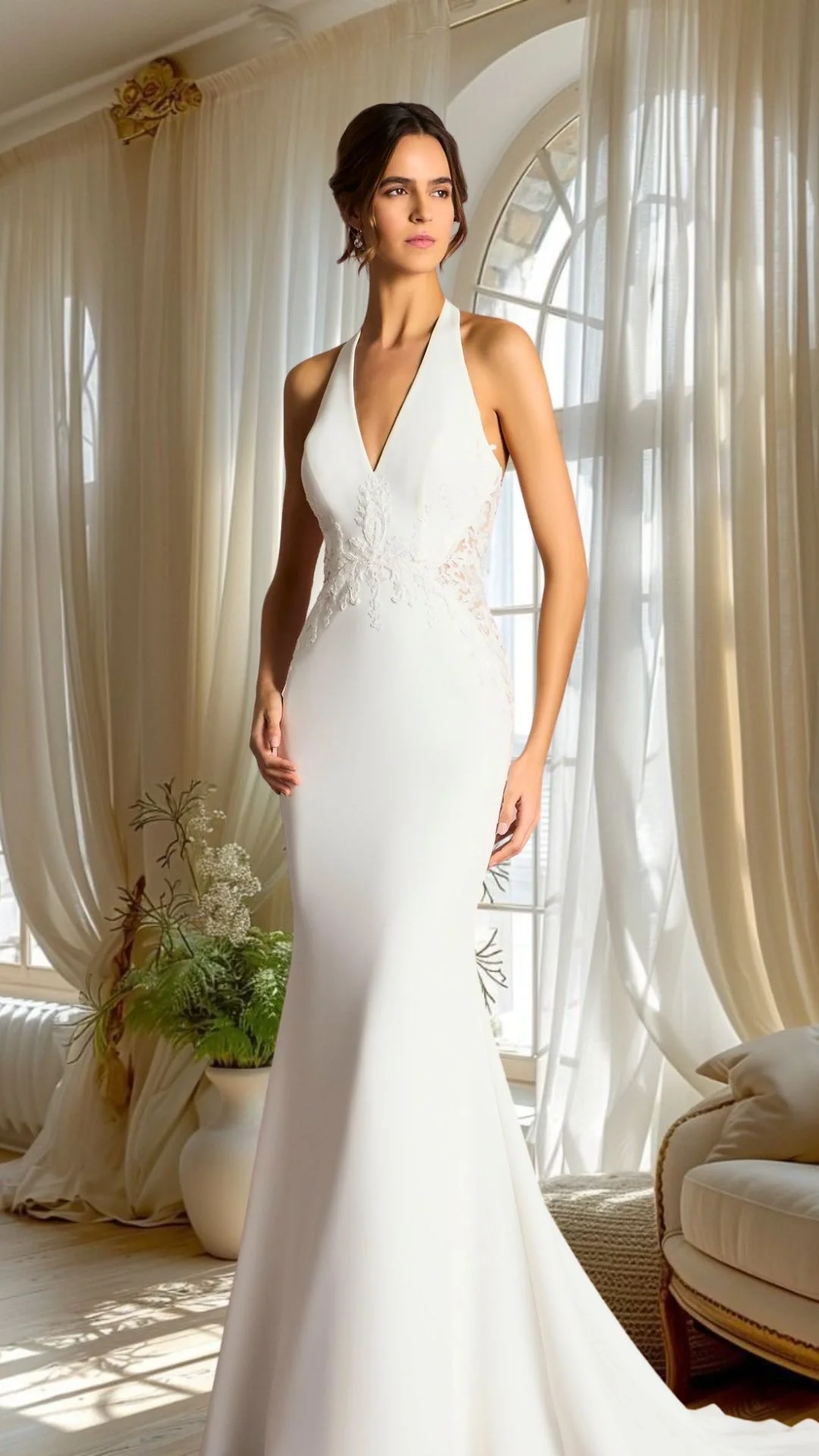 Mulher vestida de branco em um vestido de noiva, posando dentro de uma sala com cortinas brancas e janela grande ao fundo.