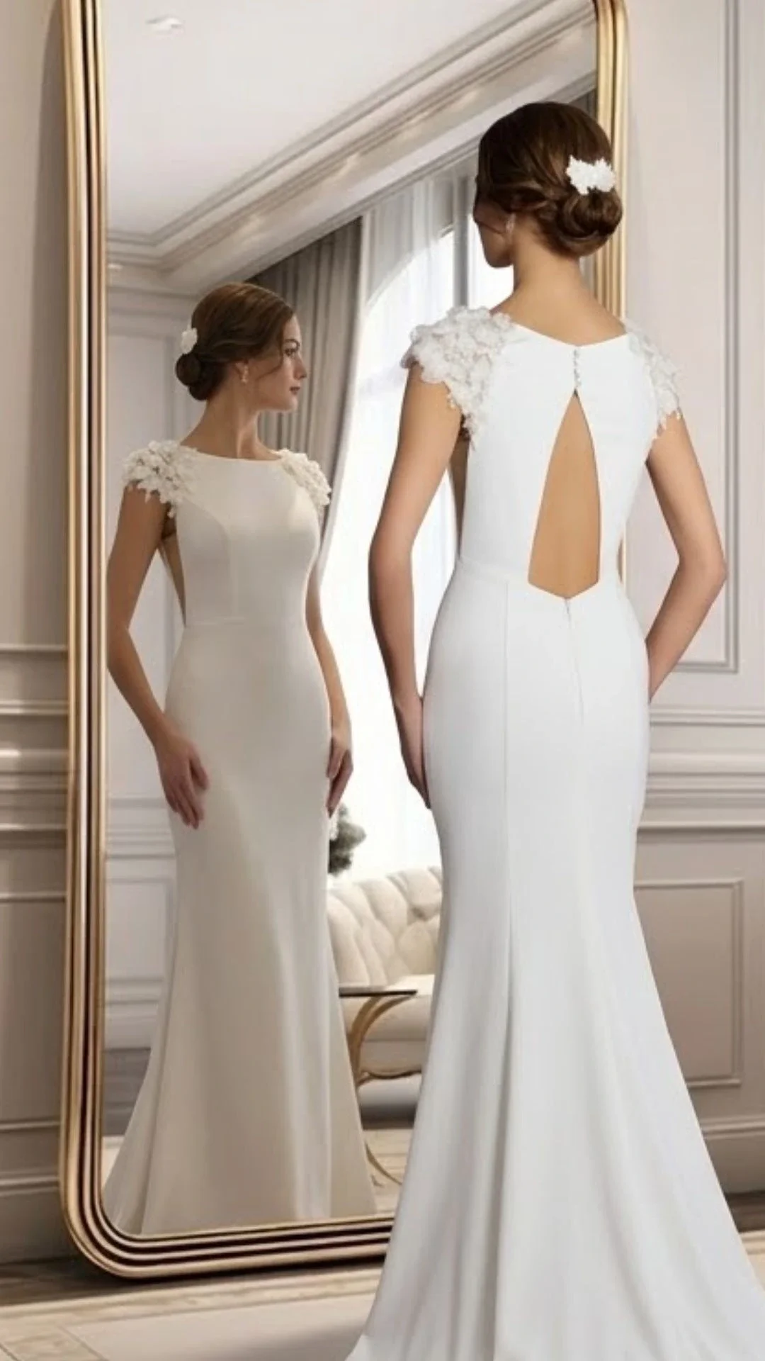 Mulher de vestido de casamento branco, com saia longa justo, observando-se em espelho na frente, com o mesmo vestido visto de trás, de detalhes de rendas nas ombreiras