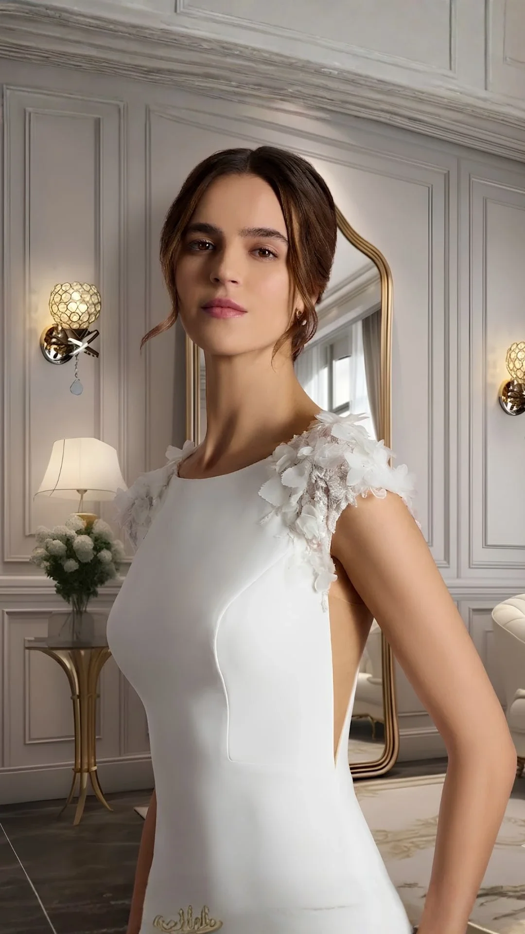 Mulher usando vestido branco com detalhes de flores no ombro, posando em ambiente decorado com espelhos, luminárias e vaso de flores.