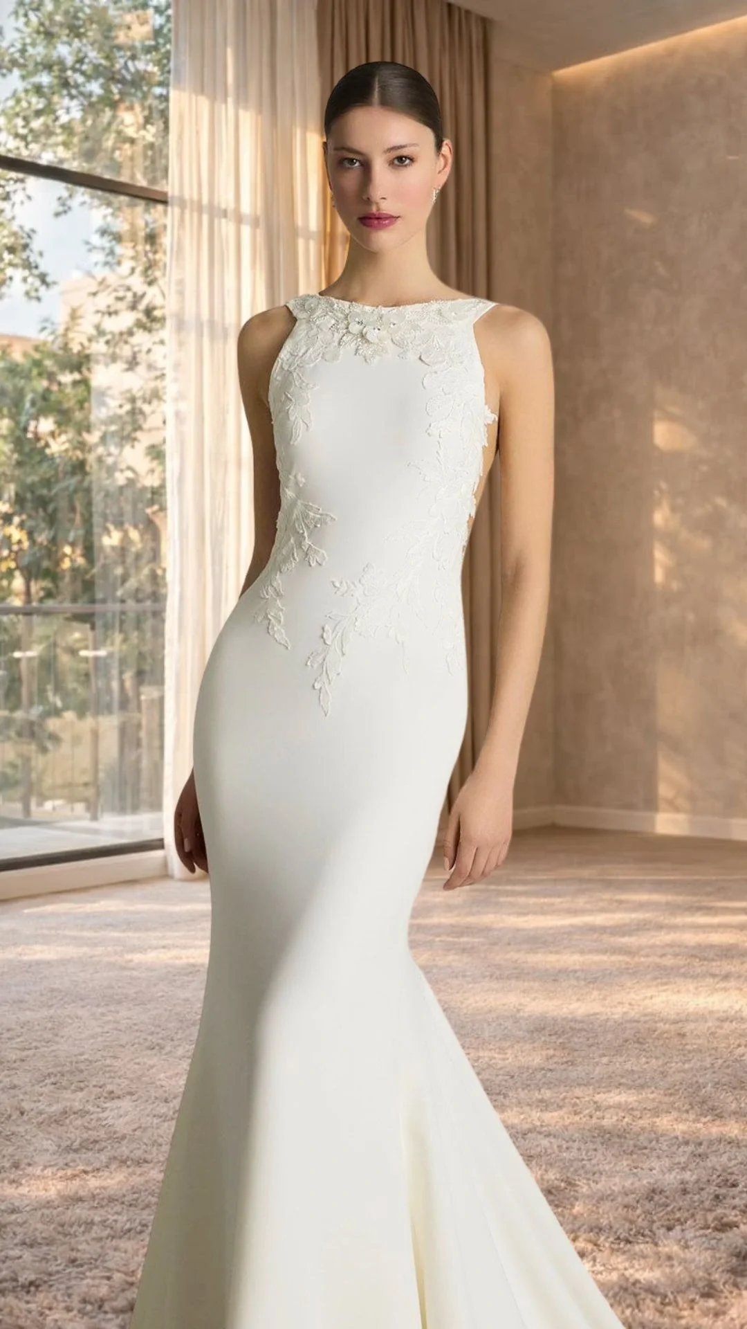 Mulher usando vestido de noiva branco com detalhes em renda na parte superior, dentro de um ambiente com cortinas e janelas amplas.