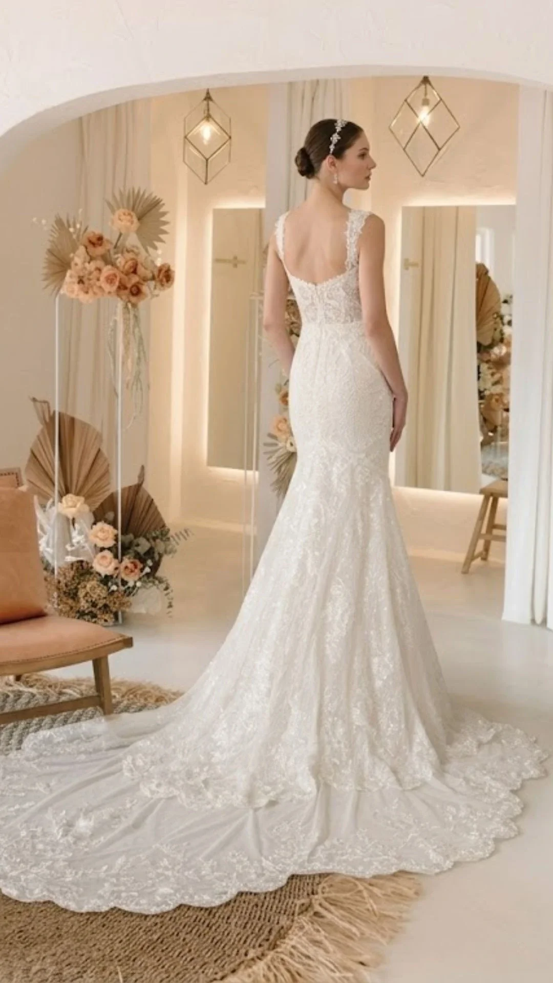 Noiva de vestido de casamento branco, de renda, com cabelo preso e tiara, em ambiente decorado com flores e iluminação