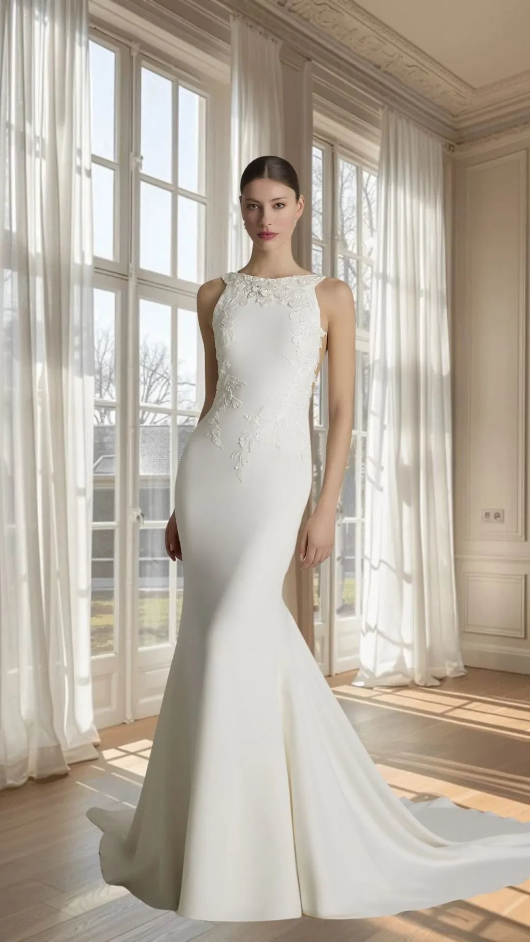 Mulher com vestido de noiva branco, elegante, em ambiente bem iluminado, com cortinas brancas e janelas grandes ao fundo.