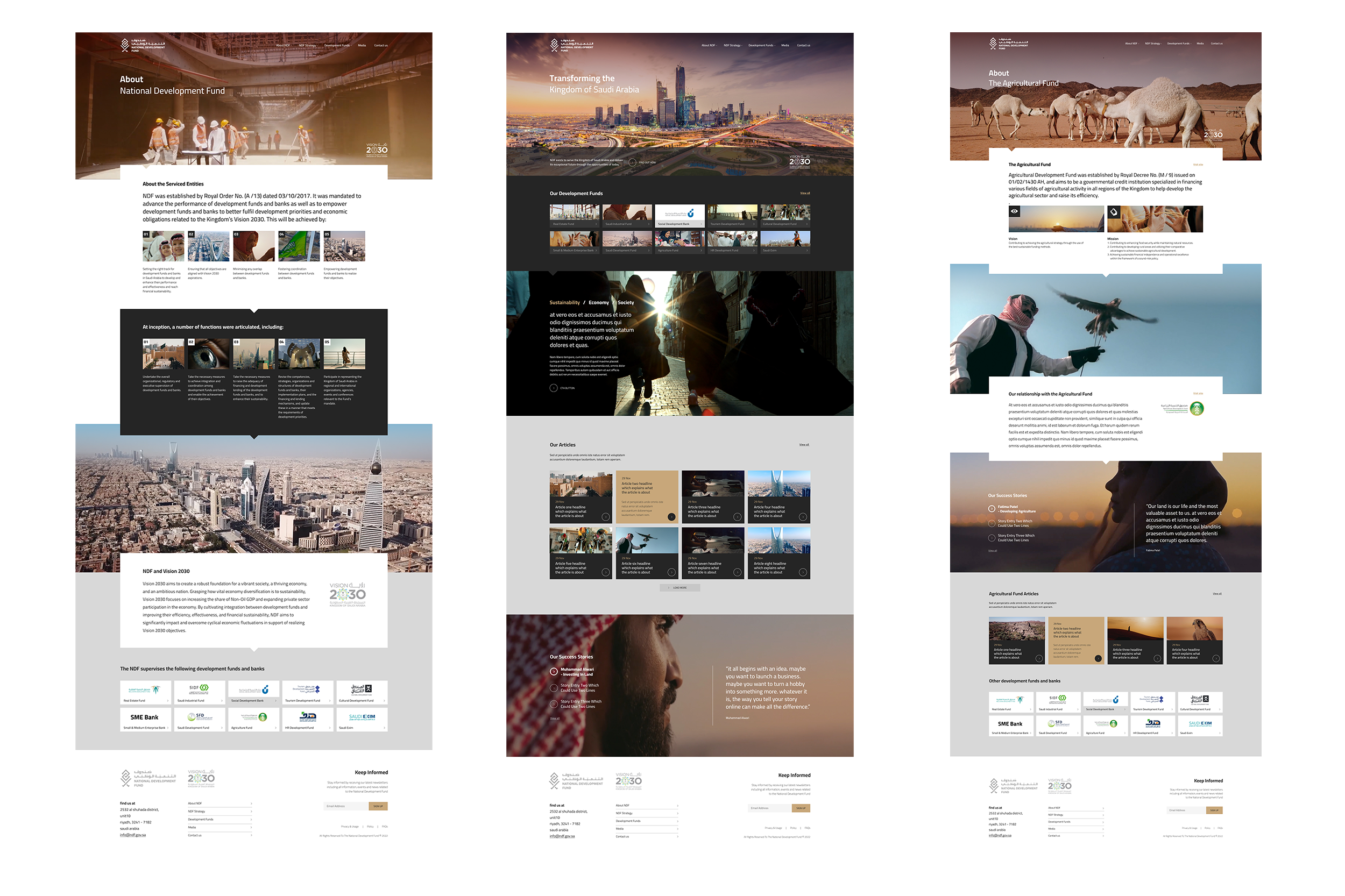 Screenshot of a website related to the National Development Fund with sections on Saudi Arabia, agricultural projects, sustainability, and development achievements, featuring images of cityscapes, people, and animals.
