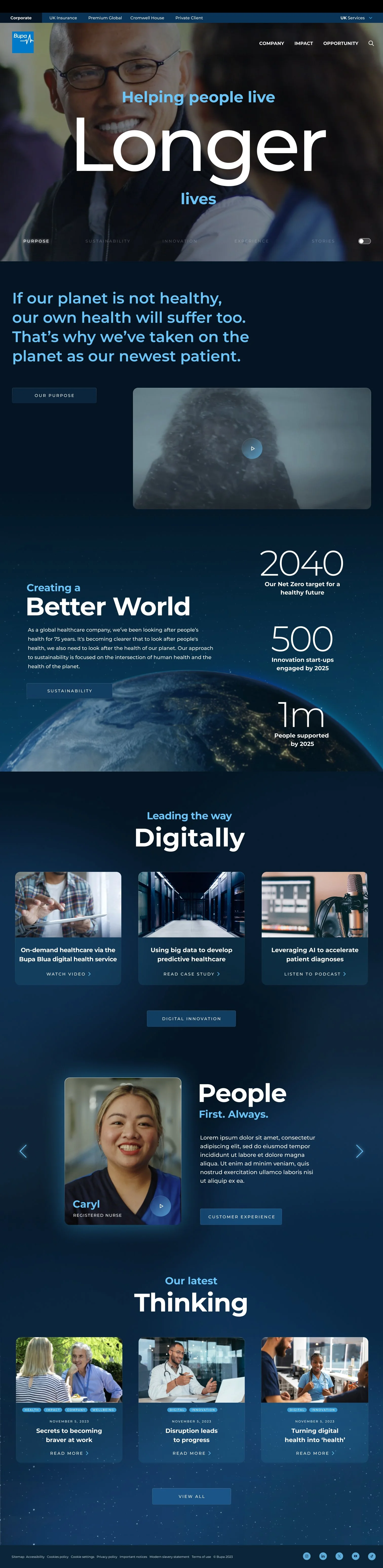 Healthcare website homepage featuring a smiling nurse and doctor, with sections on health sustainability, digital innovation, patient stories, and latest thinking in healthcare technology.