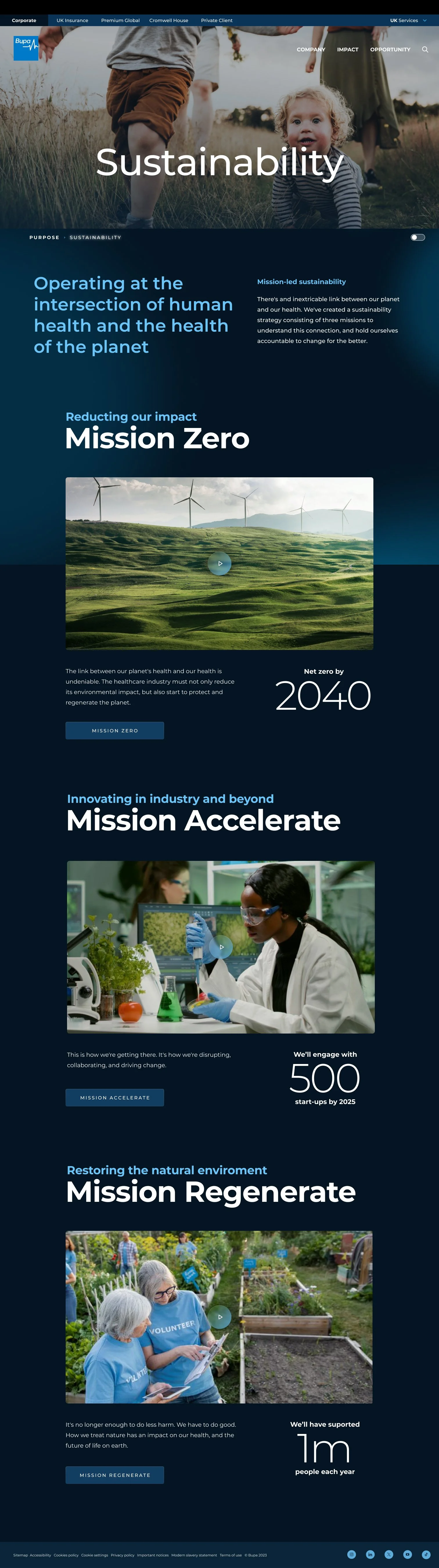 Website homepage of Bupa with the theme of sustainability, showing children playing outdoors at the top, followed by sections about mission zero, mission accelerate, and mission regenerate, each with images of wind turbines, scientists working in a lab, and volunteers gardening.