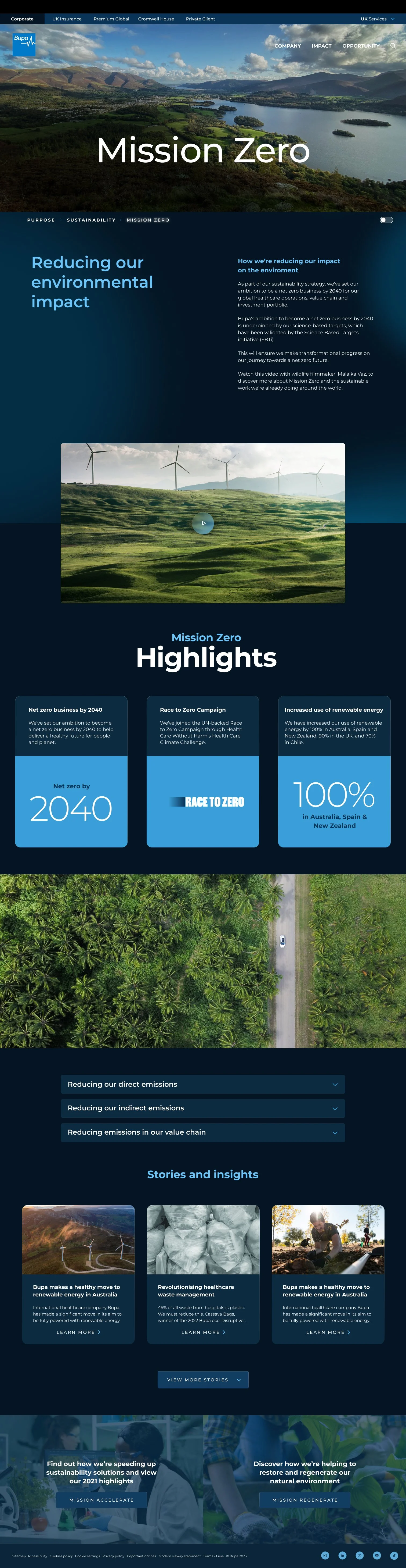 A website homepage for Bupa Mission Zero, highlighting efforts to reduce environmental impact, renewable energy projects, and sustainability stories.