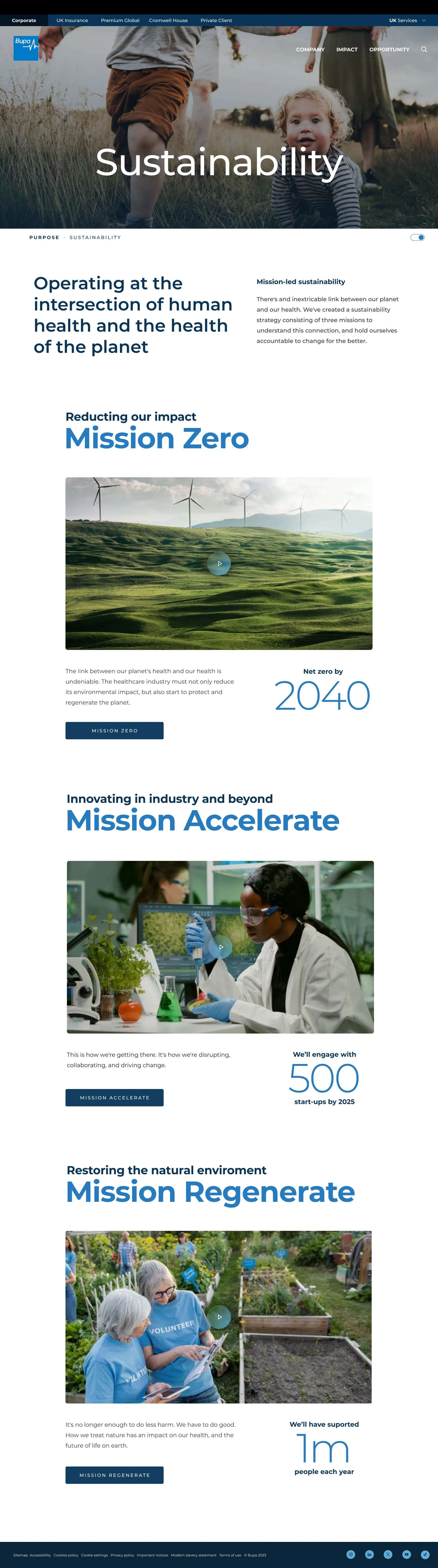 Screenshot of Bupa's sustainability webpage featuring children in nature, wind turbines, scientists, and volunteers working in gardens, emphasizing environmental and health initiatives.