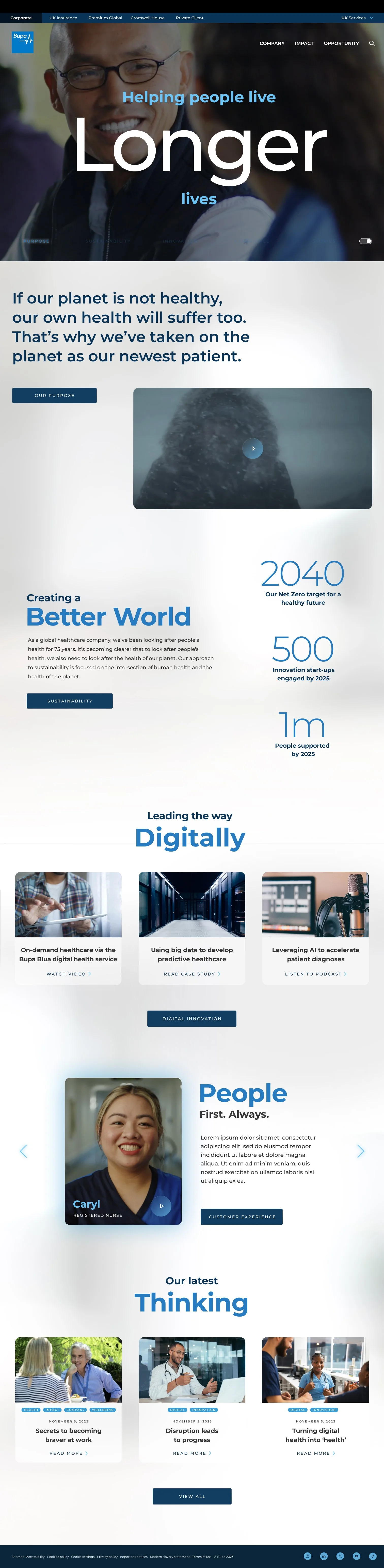 Screenshot of a health-focused website with the headline 'Helping people live longer lives,' featuring images of healthcare professionals, a person in snow, a nurse, and diverse individuals.