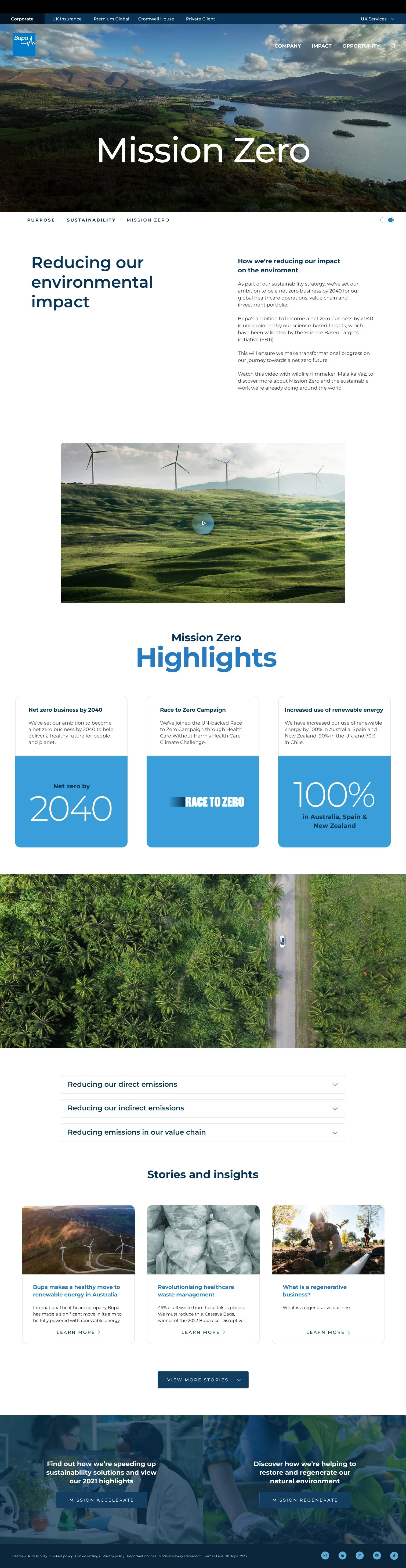 Screenshot of Bupa's Mission Zero webpage showing a scenic landscape with mountains and a lake, wind turbines in a field, and sections about reducing environmental impact, sustainability goals, and related stories.