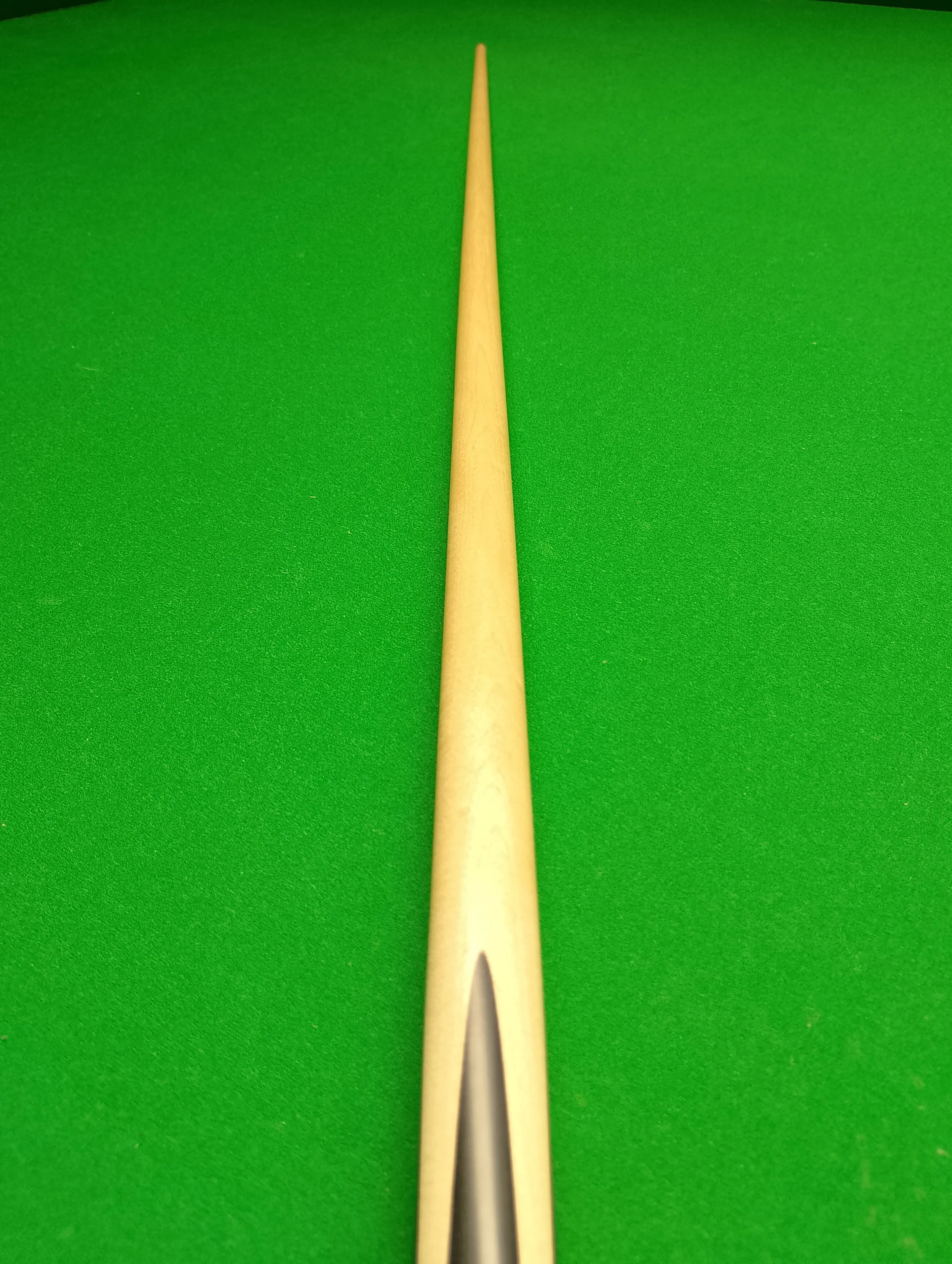 A close-up of a single snooker cue pointing towards the camera, set against a green snooker table.