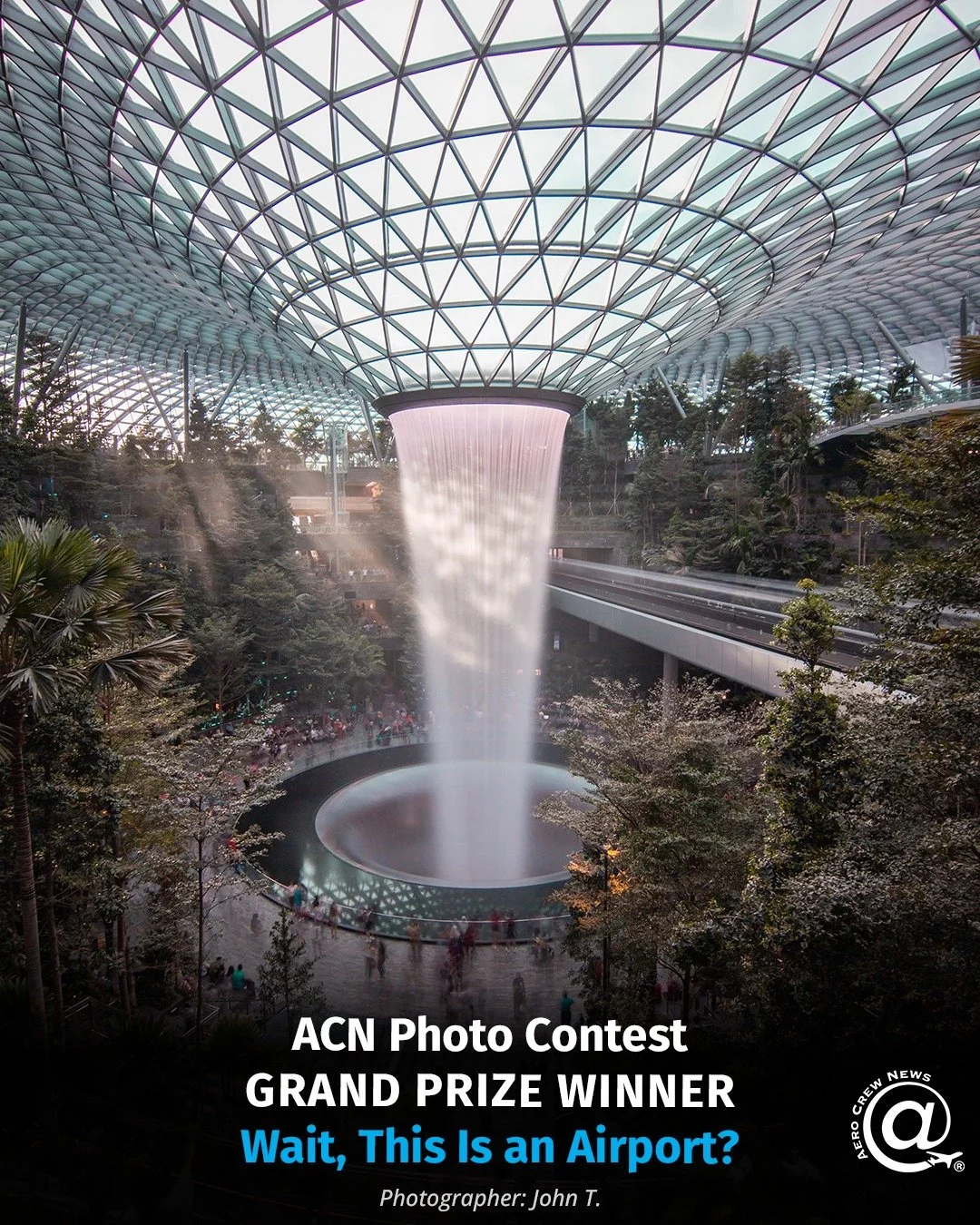 Aero Crew News 2026 Photo Contest Winners Announced

Grand Prize: Changi Airport's rain vortex waterfall captured at Singapore (SIN) by John T.

First Runner-Up: "Parallel Parking" at Vancouver (YVR) by Todd M.

Second Runner-Up: AH-64 Long