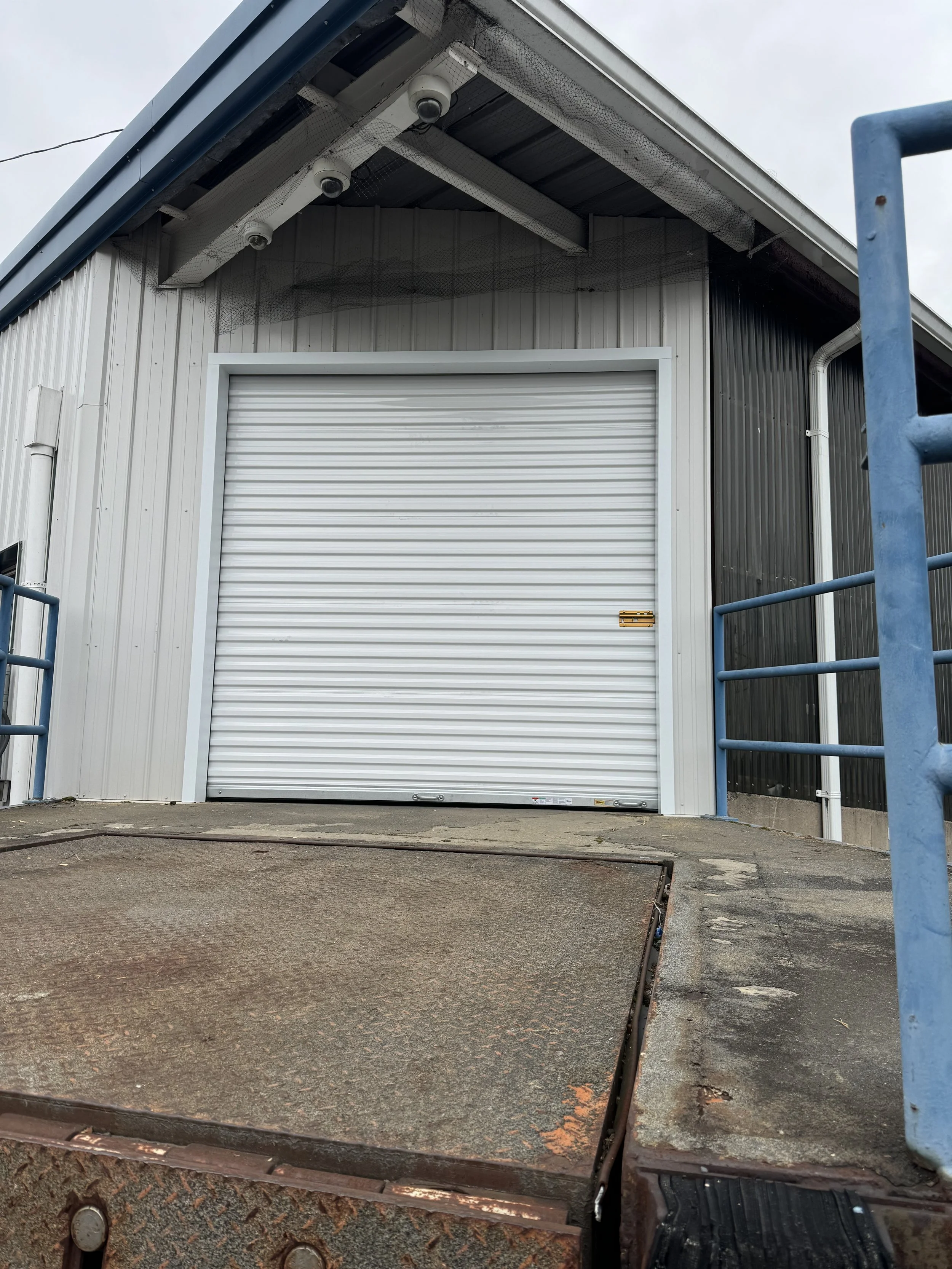 View of a metal building with a closed white roll-up door, blue safety railing on the side, and a metal ramp with a textured surface in the foreground.
