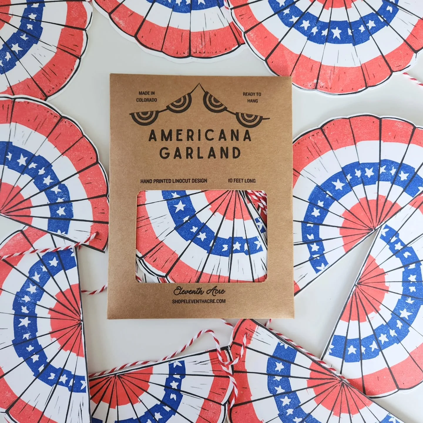 Just dropped: The perfect decor addition for your backyard barbeques, Memorial Day celebrations and 4th of July decorations!

Inspired by American flag bunting, this garland is handprinted using 4 different hand-carved linocut blocks and peinted usin