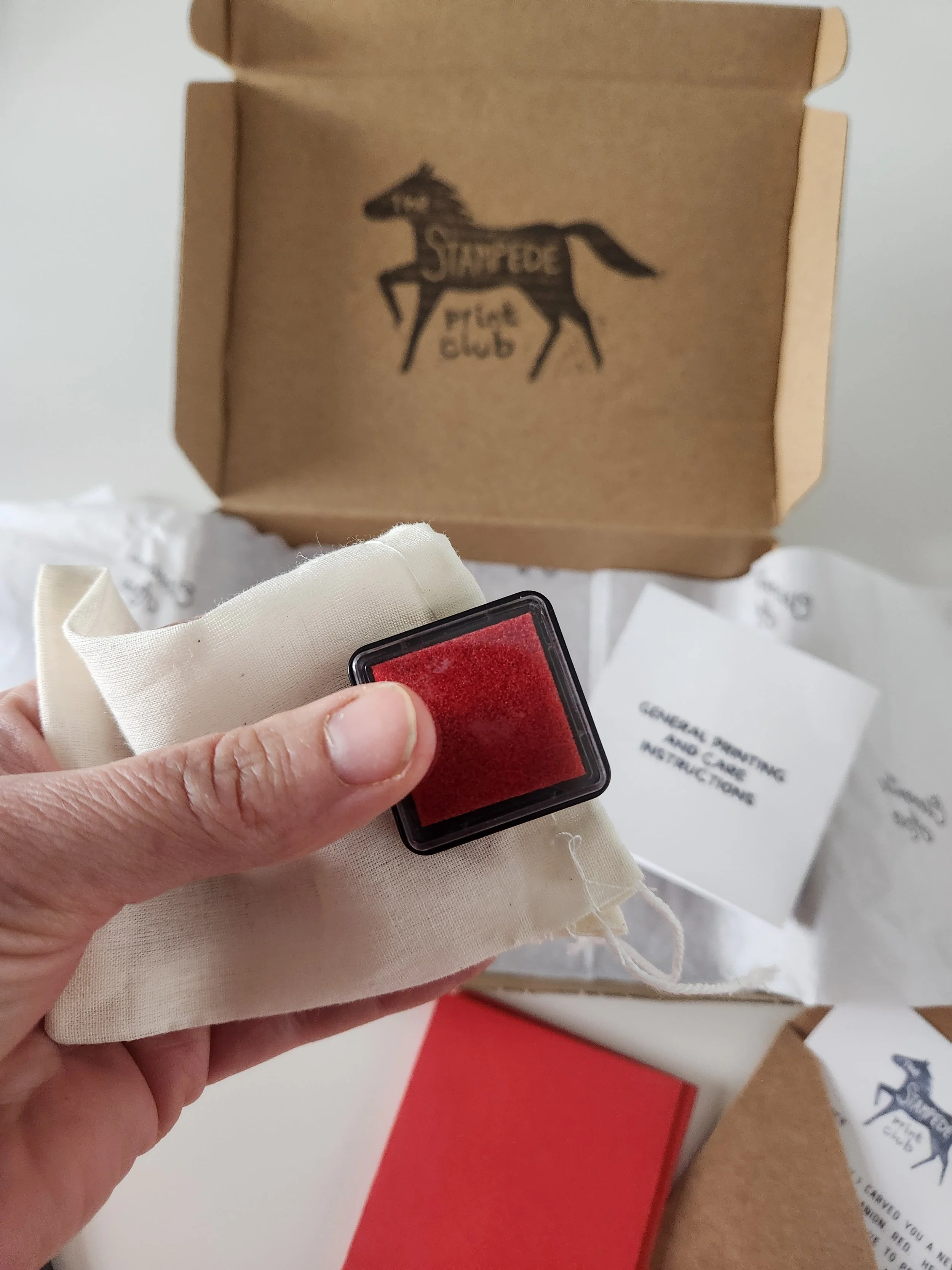 Close-up of a hand holding a red ink pad and a white cloth, with a cardboard box labeled 'Suntee FE Ride Club' and a white card that reads 'General Printing and Card Destruction' in the background.