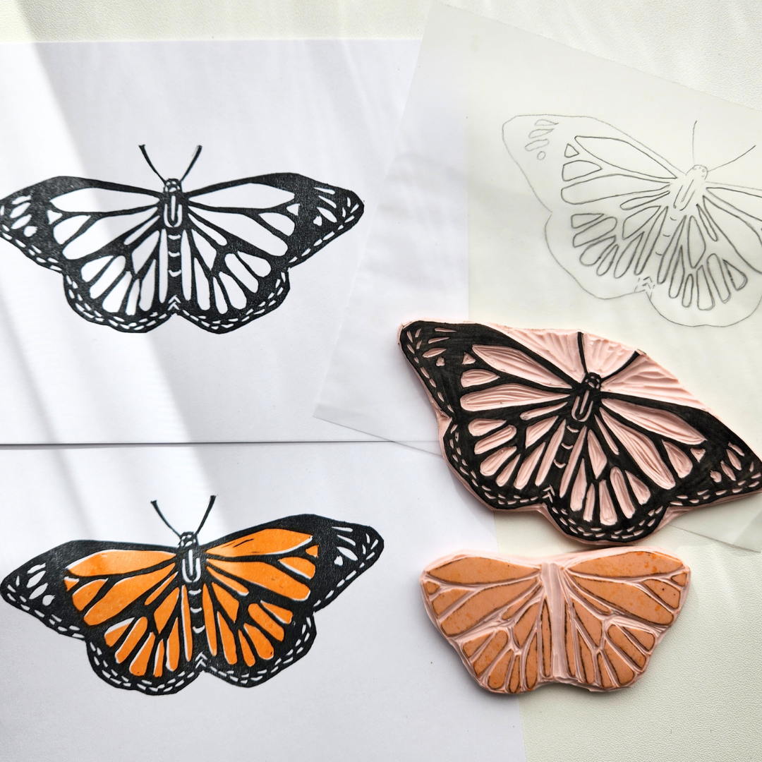 Butterfly sketch, handcarved butterfly stamp and orange and black printed butterfly