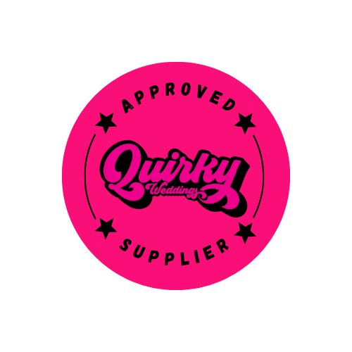 Pink badge with text "Approved Quirky Supplier" by Quirky Weddings directory.