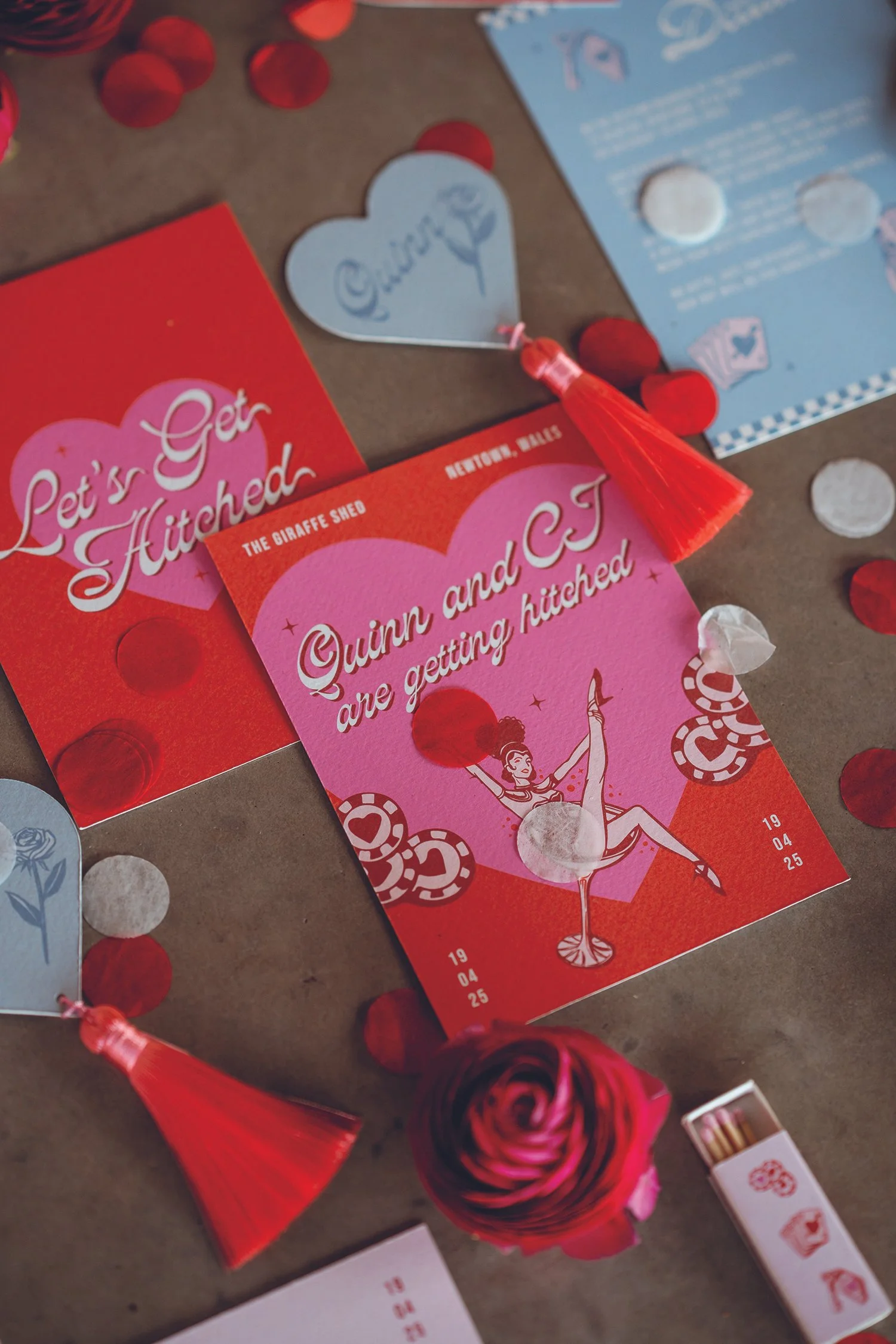 Wedding invitations by alternative wedding stationery designer Carly from With Bells On reading "let's get hitched" and "Quinn and CJ are getting hitched"