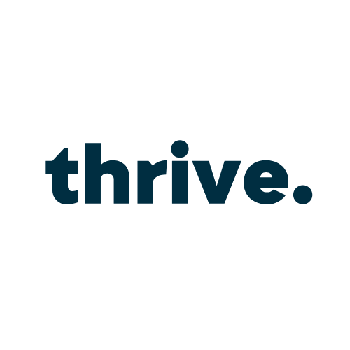 Logo con la palabra 'thrive' en letras azules y un punto al final.