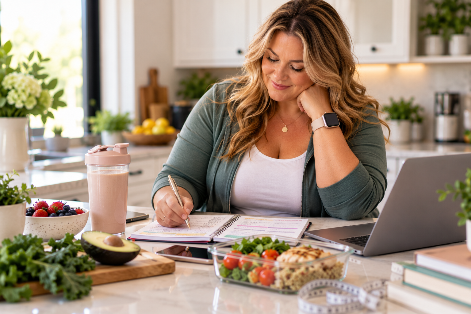 Woman wearing a smartwatch planning healthy lifestyle goals at her kitchen counter with a protein shake, fresh produce, and a laptop.