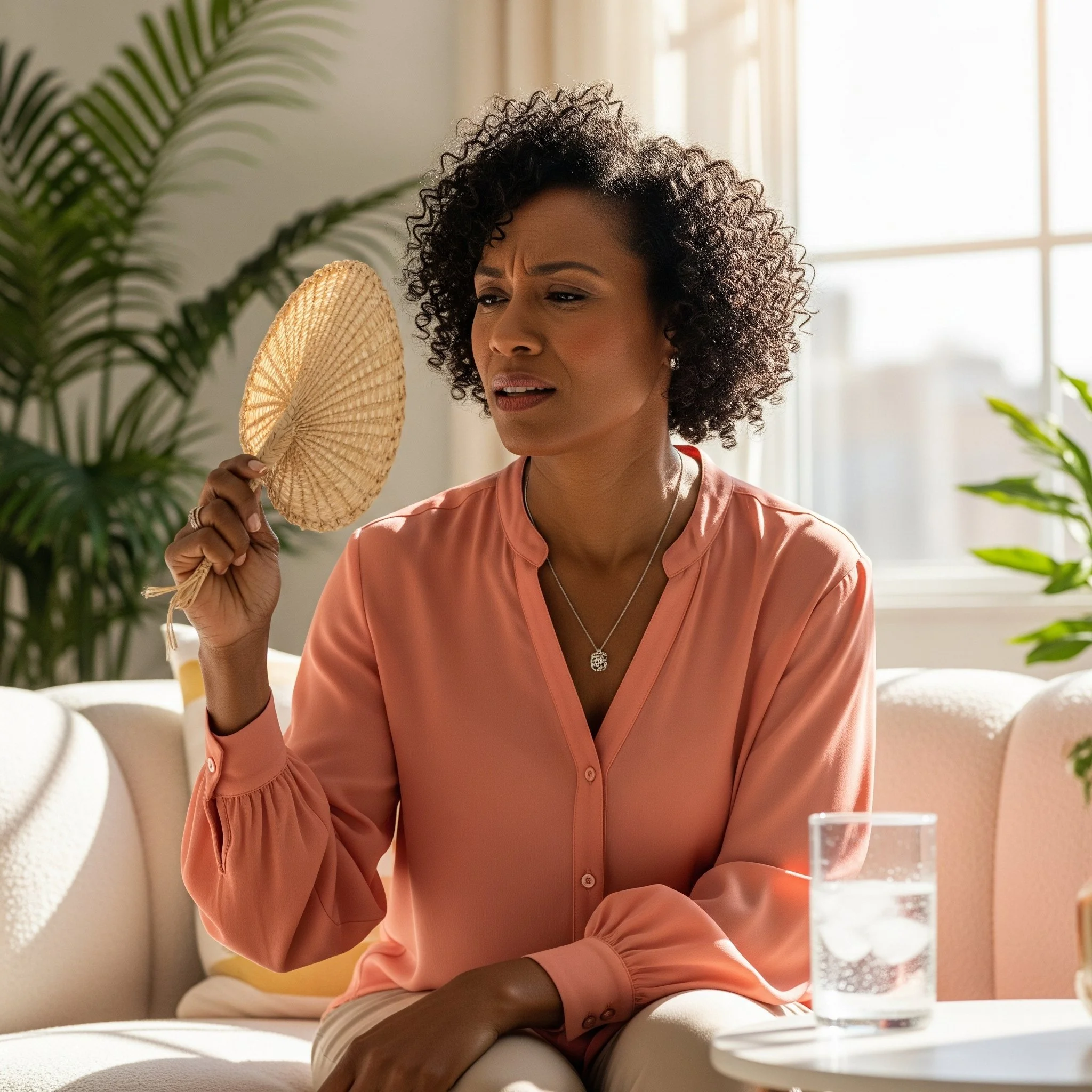 A woman with curly hair holding a small straw fan and looking confused or concerned, sitting on a beige couch in a sunlit room with green plants and a glass of water on a side table.