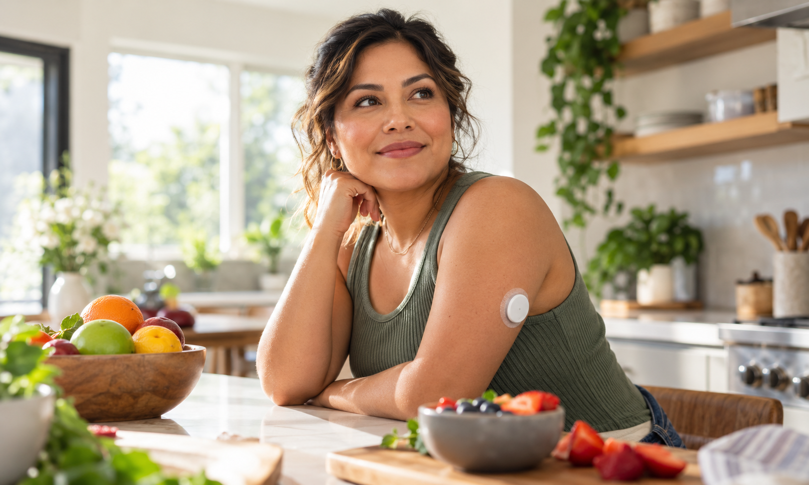 Woman wearing a continuous glucose monitor on her upper arm in a bright kitchen with fresh fruit, representing proactive diabetes and chronic condition management.