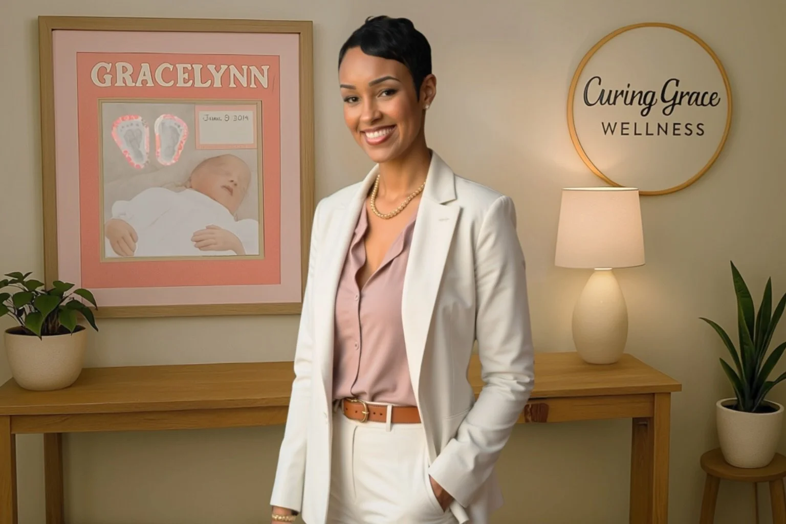 Shequita ‘Kiki’ Docken, FNP-BC, founder of Curing Grace Wellness, smiling in her office beside a portrait of her daughter Gracelynn, the clinic’s inspiration