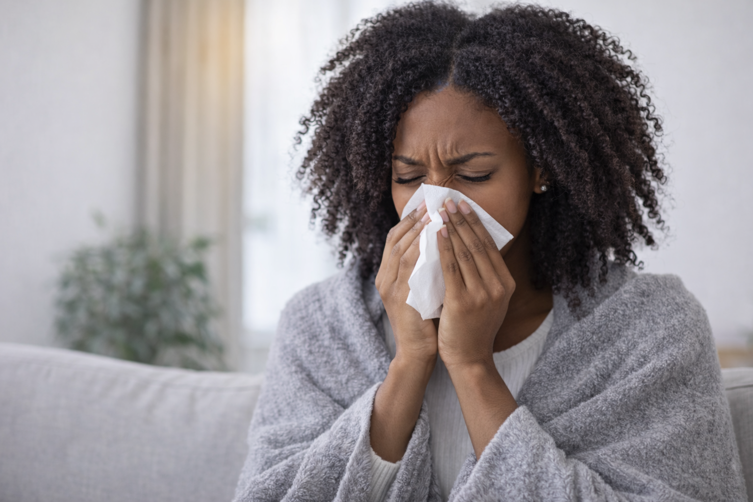 Young Black woman sitting on a couch at home, wrapped in a blanket and blowing her nose with a tissue, showing mild illness symptoms.