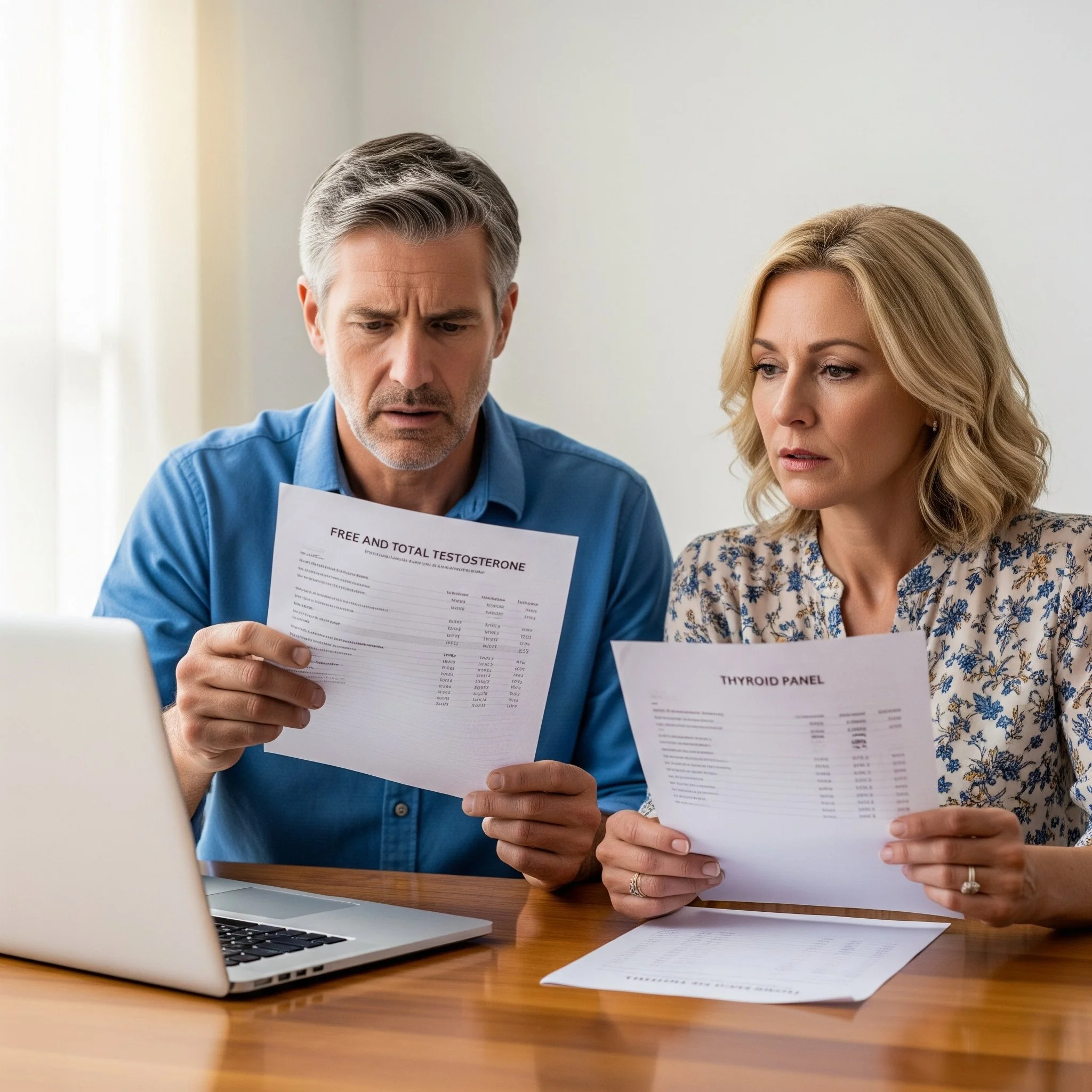 Couple reviewing hormone and thyroid lab results together, representing reproductive health and fertility support.