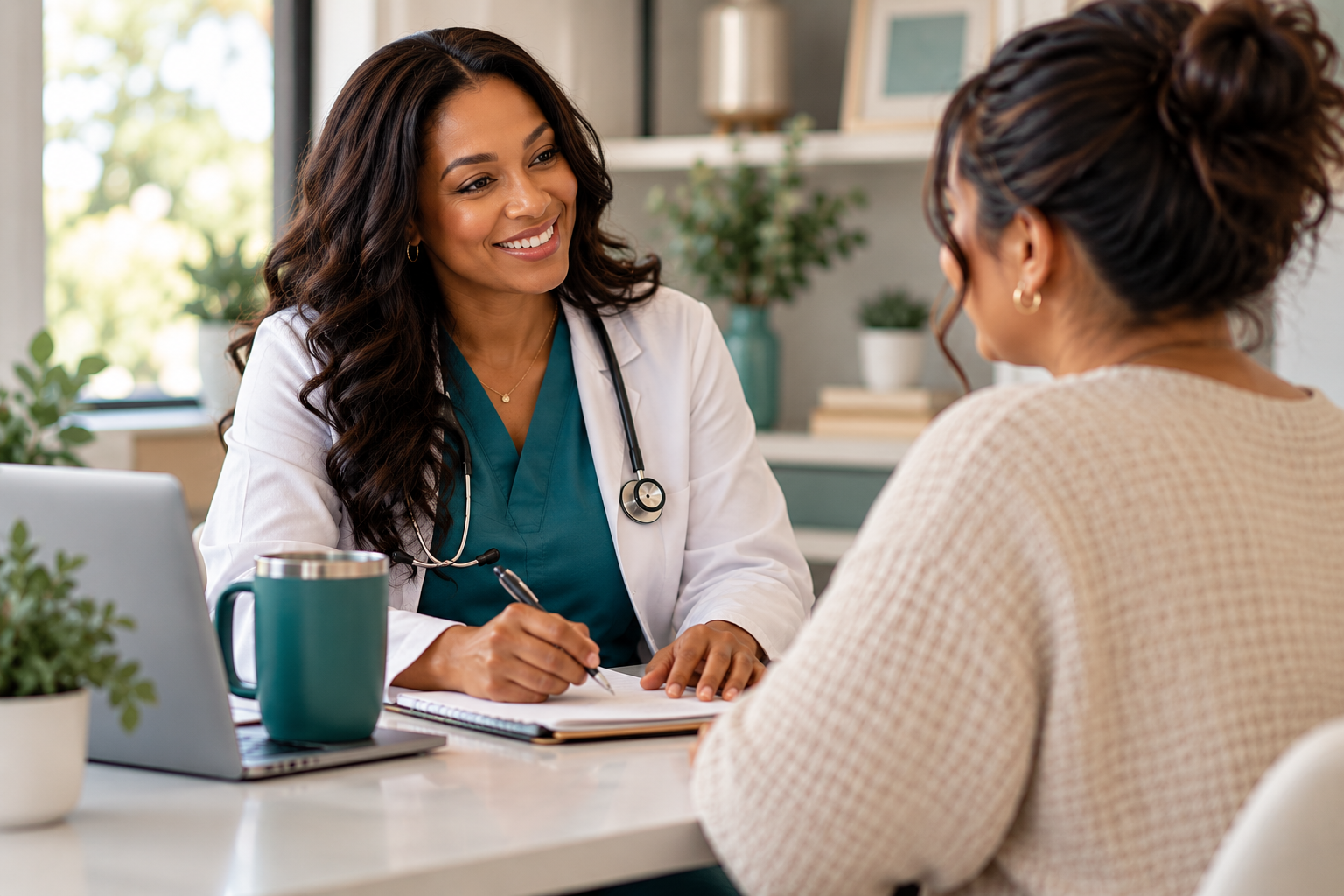 Black female healthcare provider in teal scrubs consulting with a woman, representing compassionate, whole-person primary care at Curing Grace Wellness.