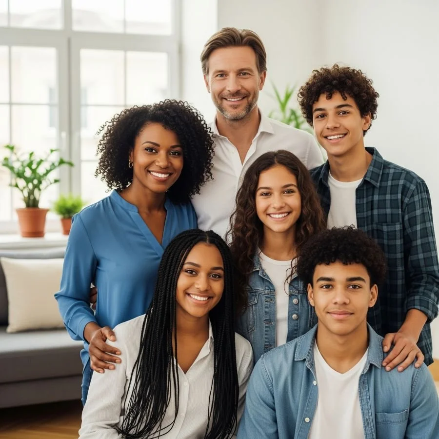 Smiling family of five sitting together, representing whole-family wellness and support