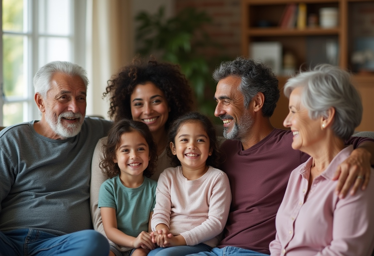 A multigenerational family sitting on a couch, smiling and enjoying each other's company in a living room.