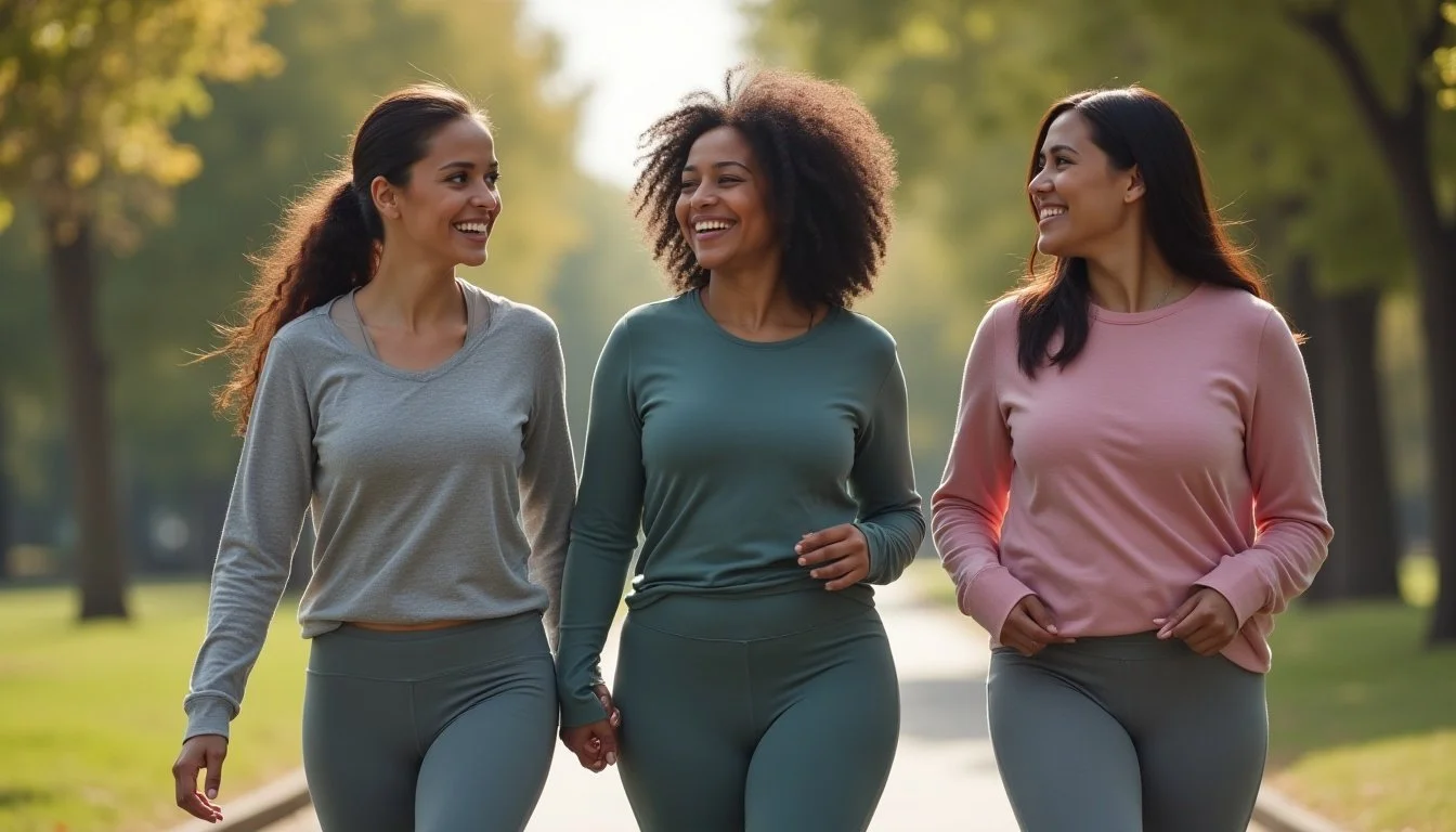 Three women walking together outdoors in a park, smiling and chatting, holding hands, with trees and a pathway in the background.